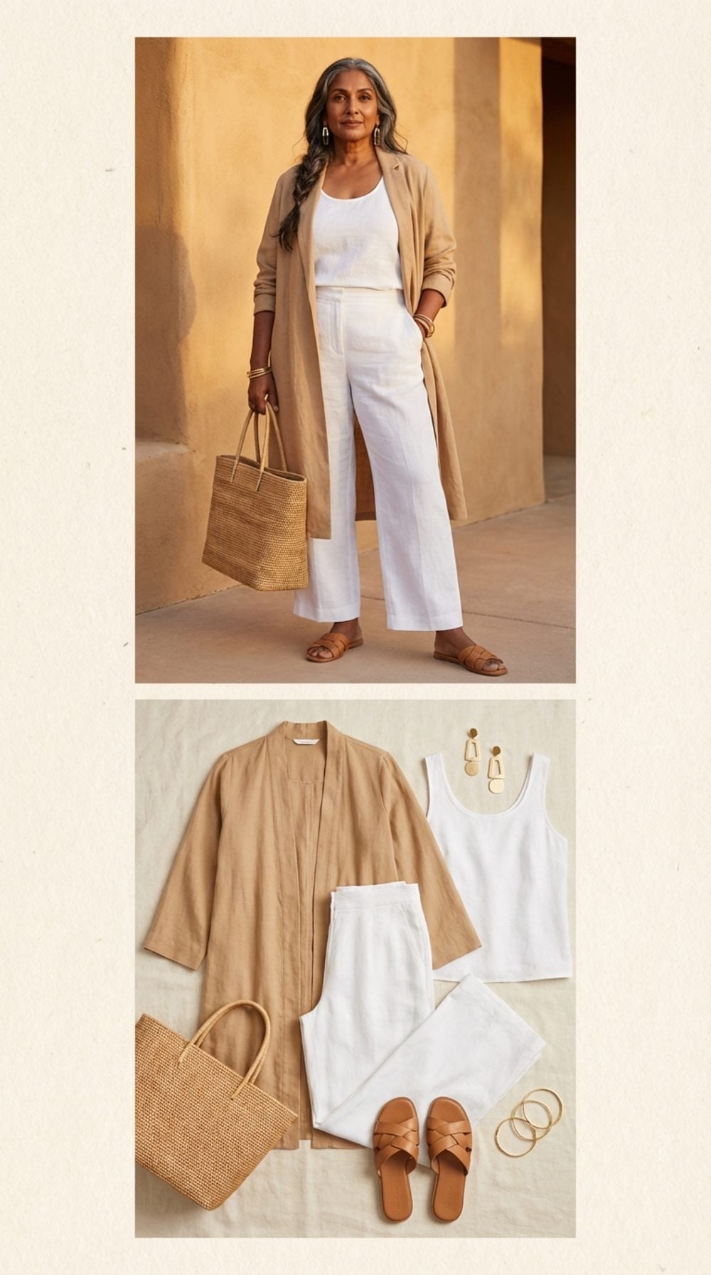 The Long Linen Layer: Relaxed Volume Over White Denim in Desert Sand