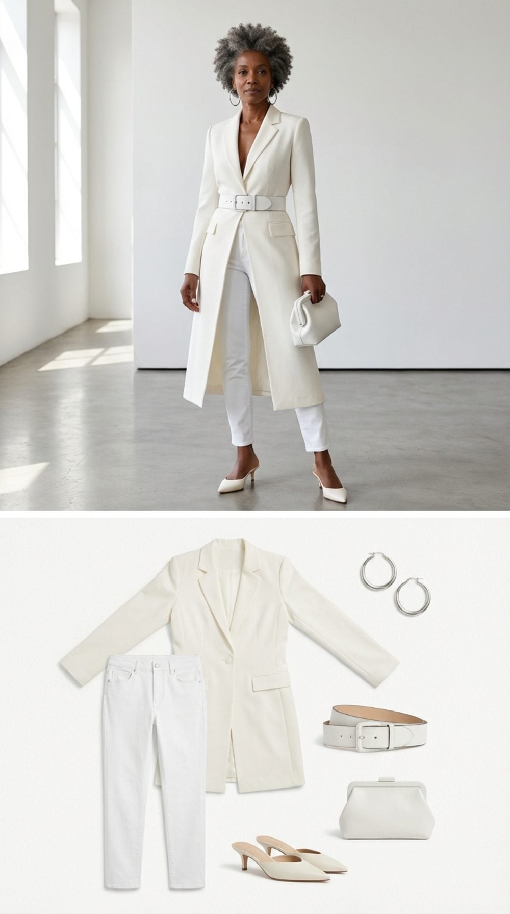 Architectural White: A Structured Blazer-Dress Over Slim White Denim