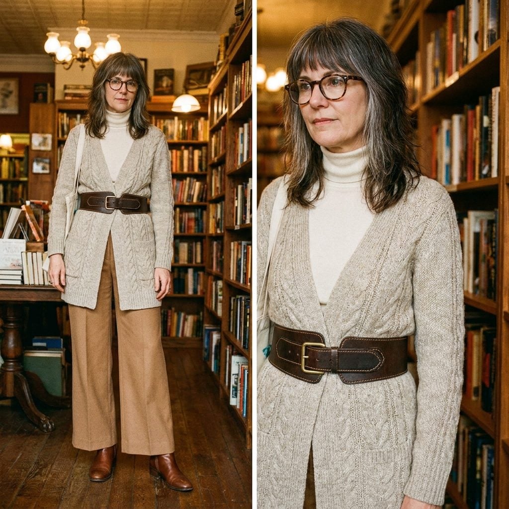 Wide Leather Belts Worn Over Absolutely Everything, Including Cardigans