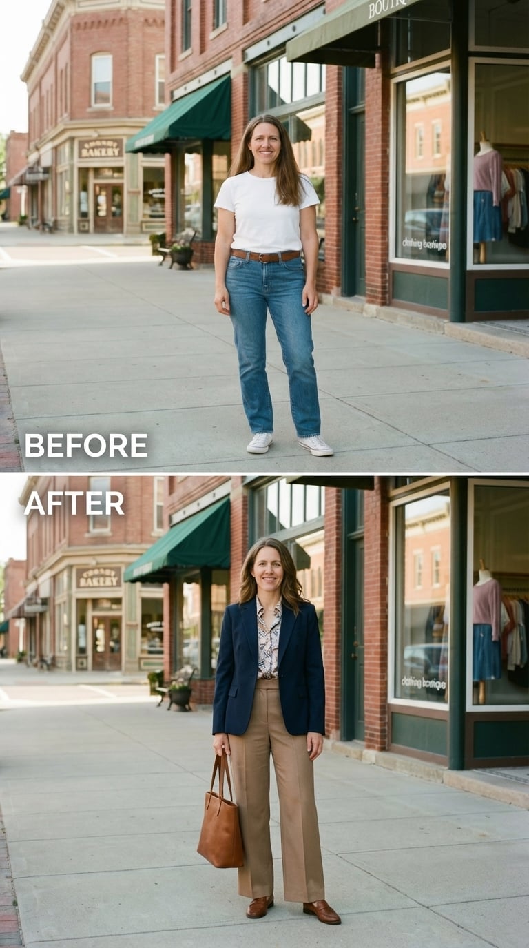 Navy Blazer, Khaki Wide-Legs, and the Spring Look That Finally Matches Who She Is