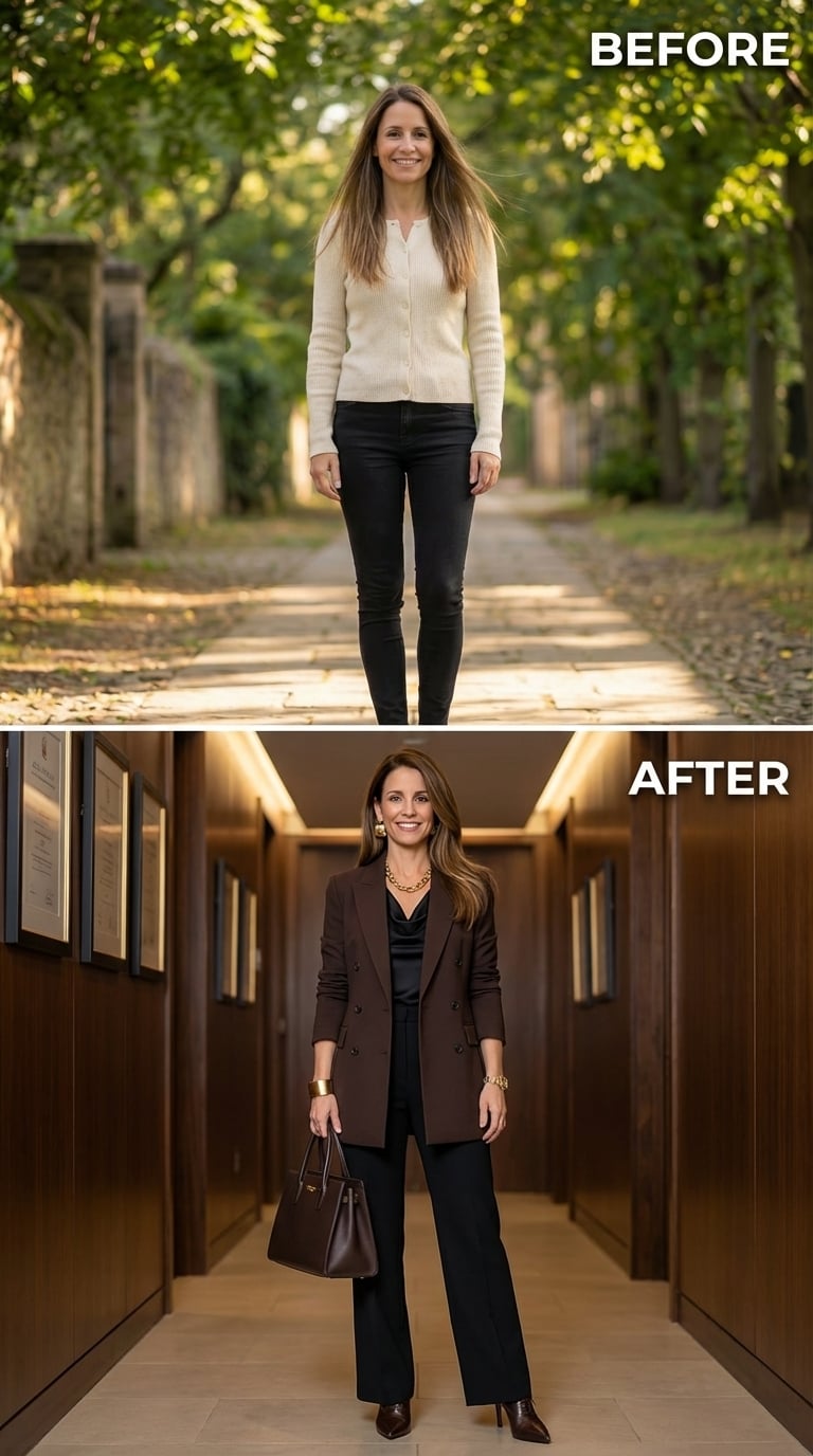 Dark Chocolate Blazer, Gold Chain, and Walking In Like the Decision Is Already Made