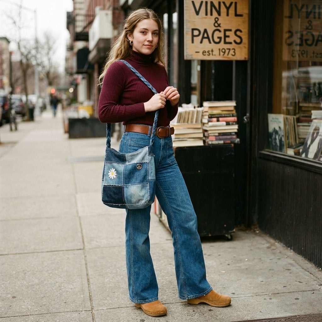 Denim Patchwork Shoulder Bag With Contrast Stitching (You Might Have Made This One Yourself)