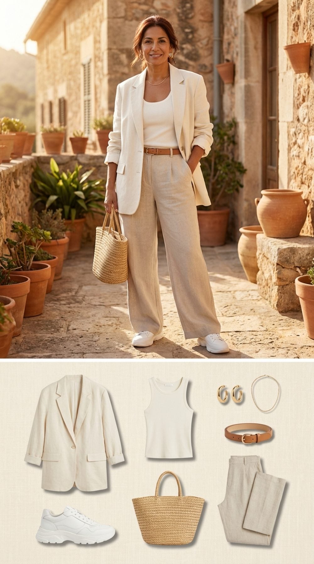 Cream Linen Blazer and White Leather Sneakers on a Sunlit Terrace