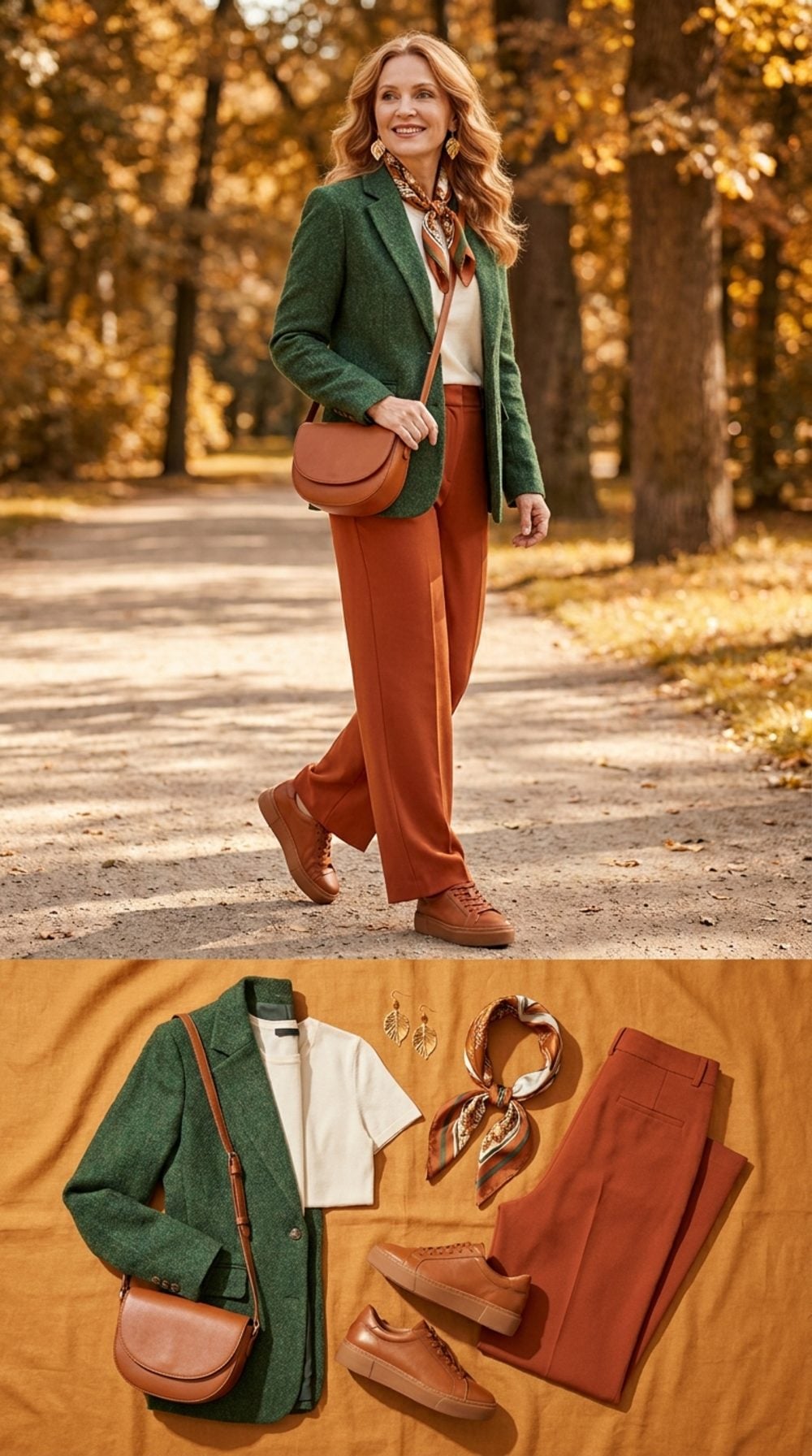 Forest Green Blazer, Rust Orange Trousers, and Cognac Leather Sneakers in Autumn Light