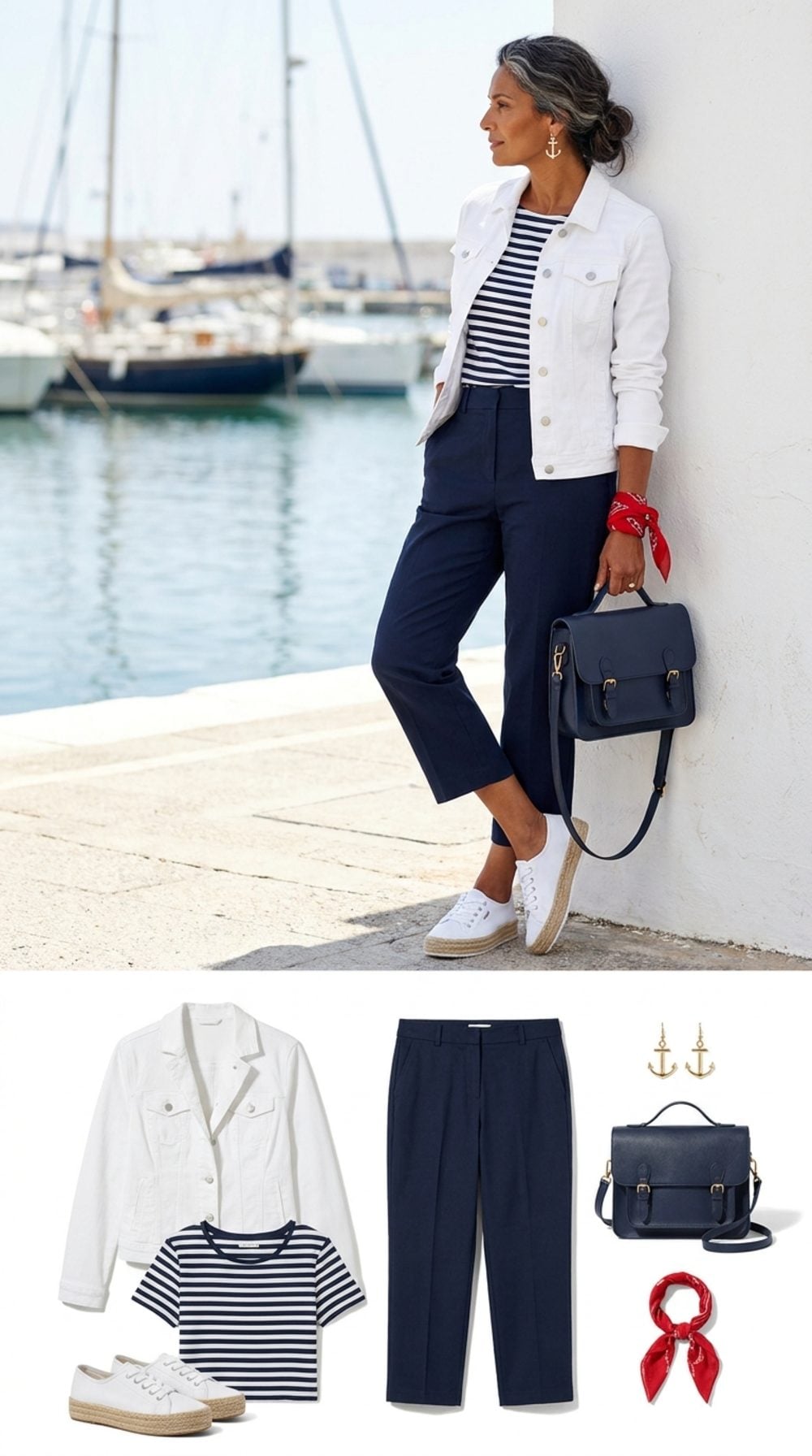 White Denim Blazer, Striped Breton Top, Cropped Trousers, and Espadrille Sneakers on the Coast
