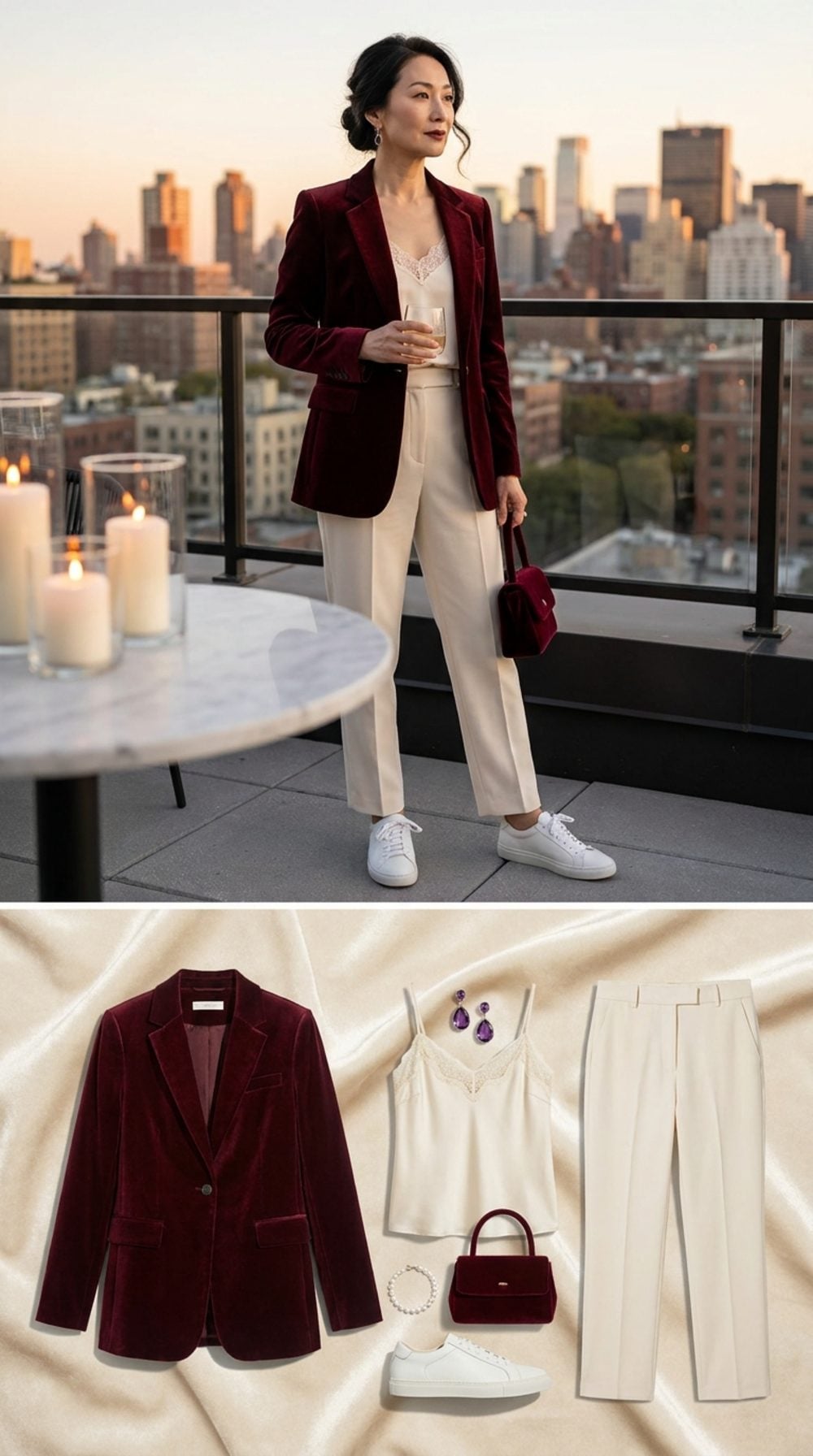 Burgundy Velvet Blazer, Straight Cream Trousers, and Pearl White Sneakers at a Rooftop Dinner