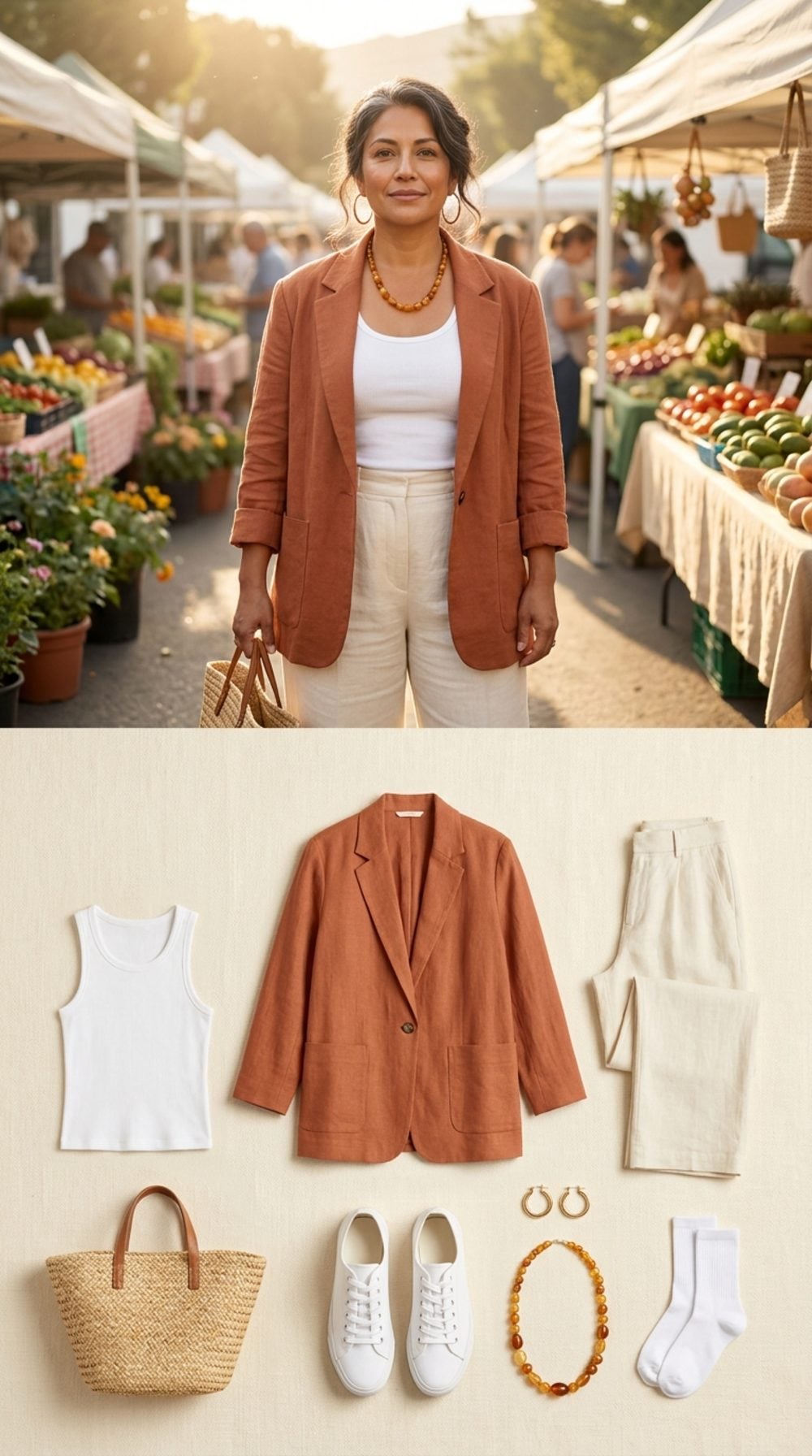 Terracotta Dream: Linen Blazer and Canvas Sneakers for the Saturday Farmers Market