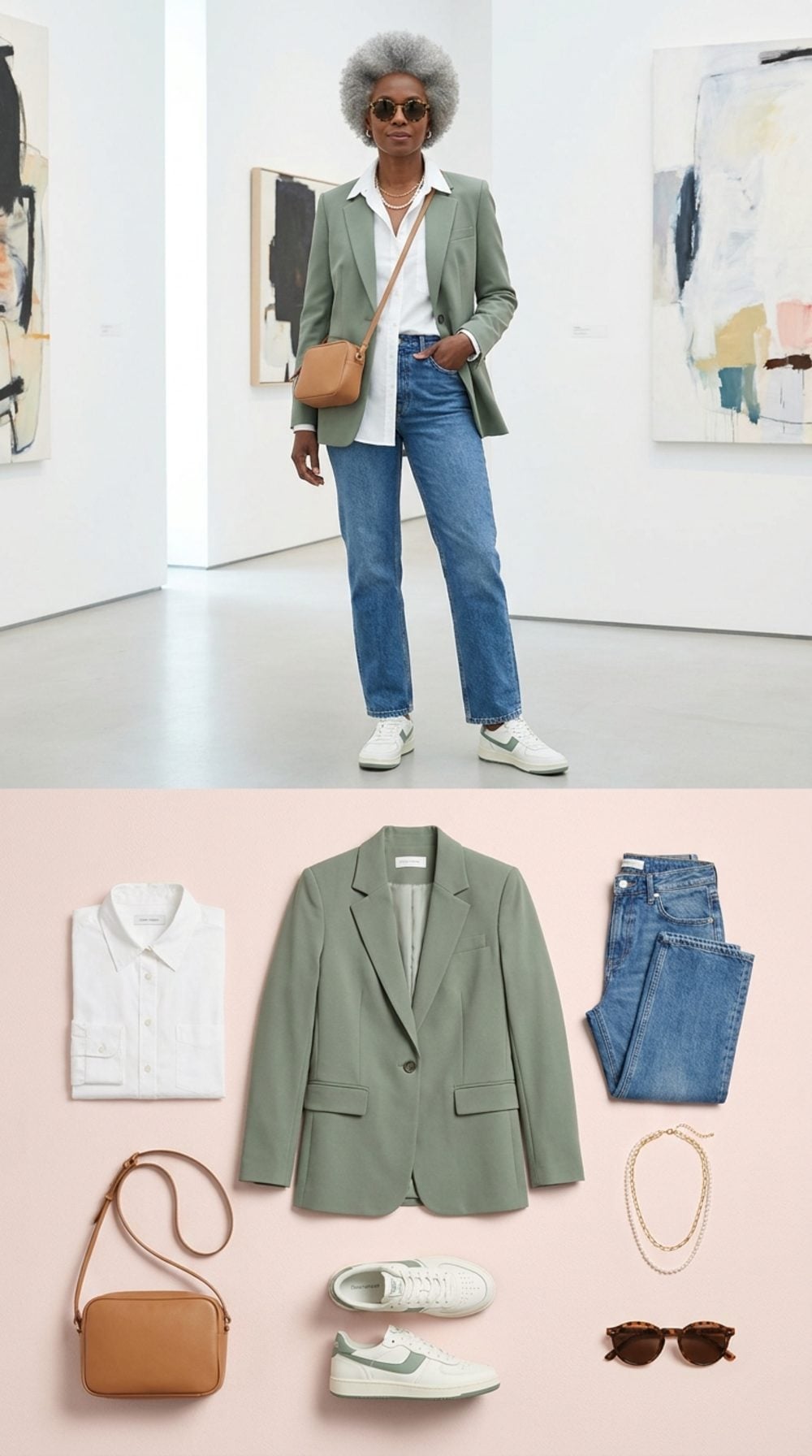 Sunday Gallery Stroll in Sage Green, Crisp Denim, and Retro Court Sneakers