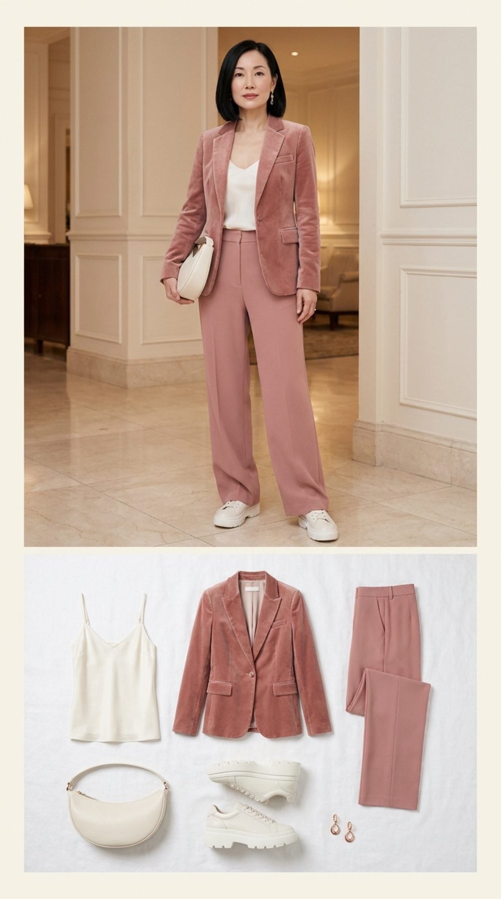 Soft Power: Dusty Rose Velvet Blazer, Wide-Leg Trousers, and Pearl-Toe Sneakers