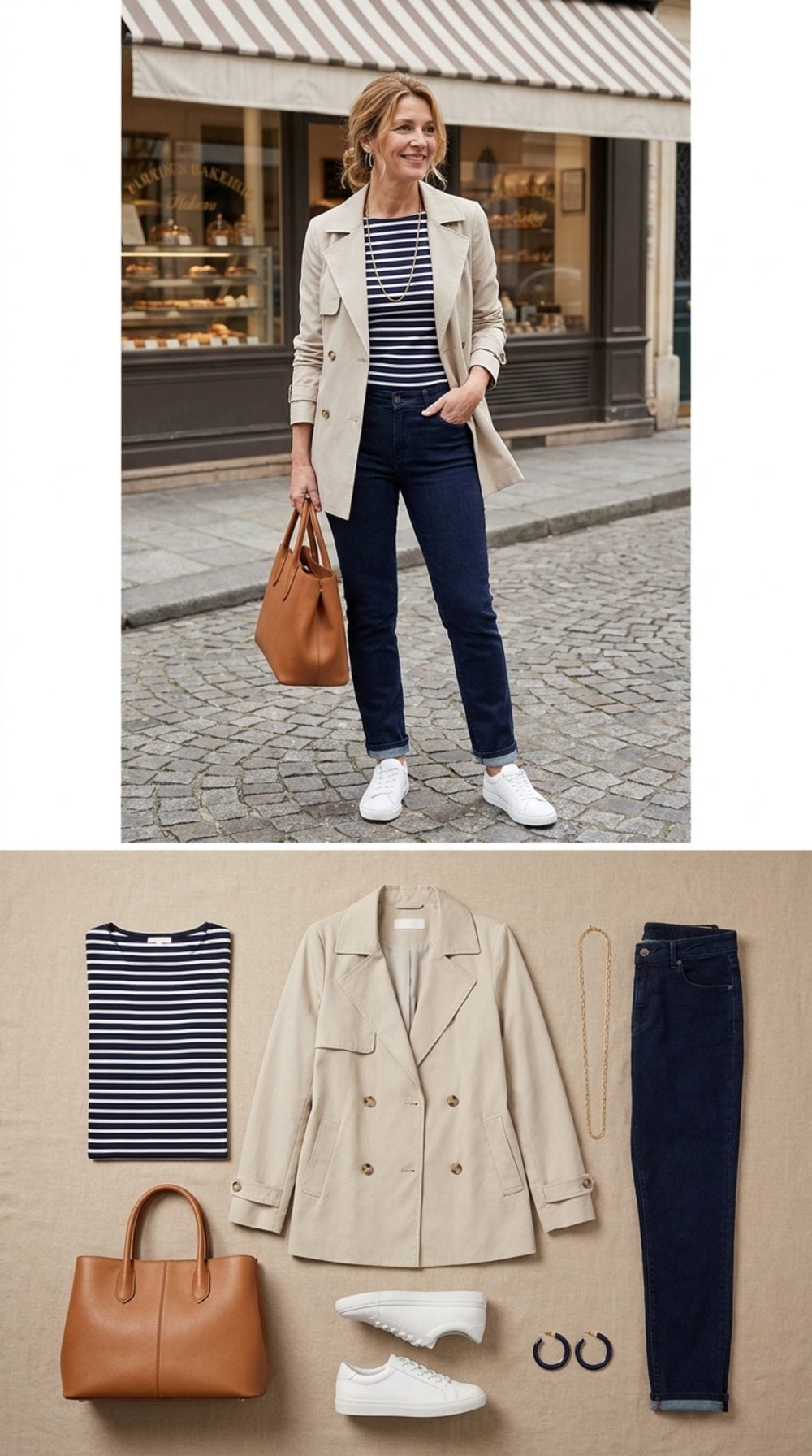 Parisian Market Energy in Breton Stripe, Stone Trench Blazer, and White Leather Sneakers