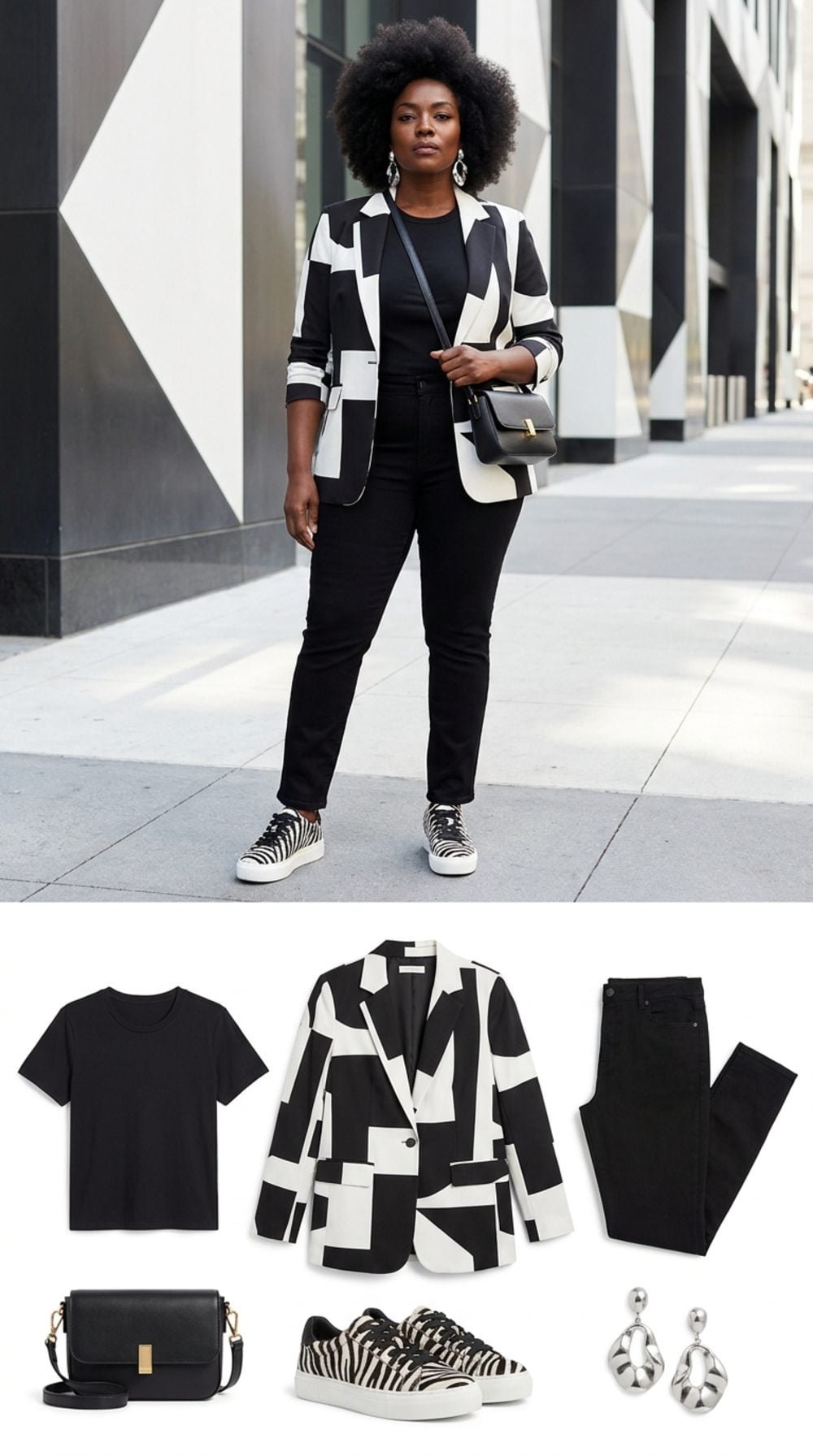 Bold Geometry: Graphic Monochrome Blazer, Black Straight Jeans, and Zebra-Print Sneakers