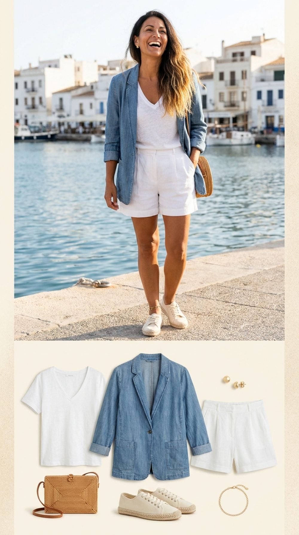 Coastal Cool in Washed Chambray, White Shorts, and Rope-Sole Sneakers