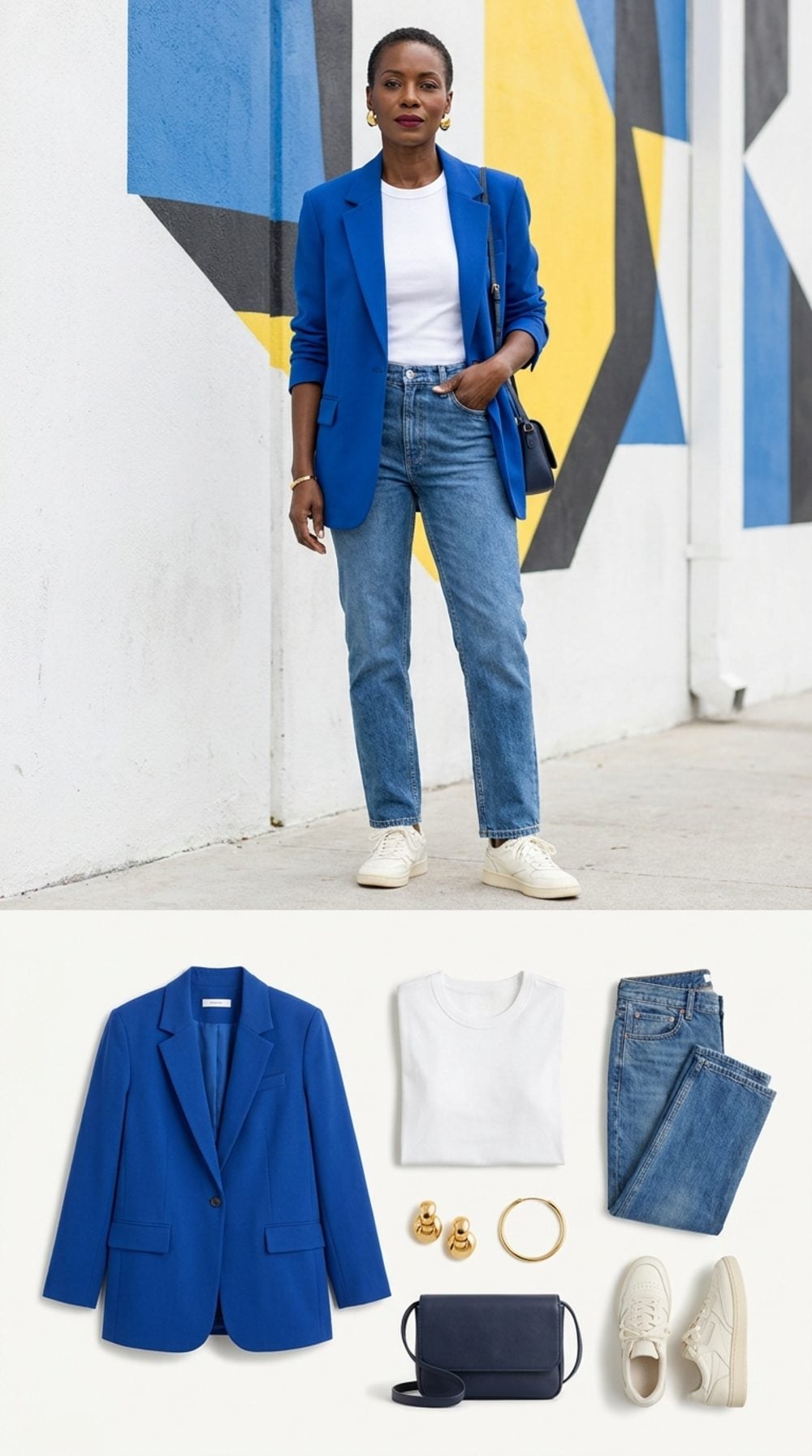 Cobalt Blue Boyfriend Blazer, Vintage Wash Denim, and Retro Court Sneakers