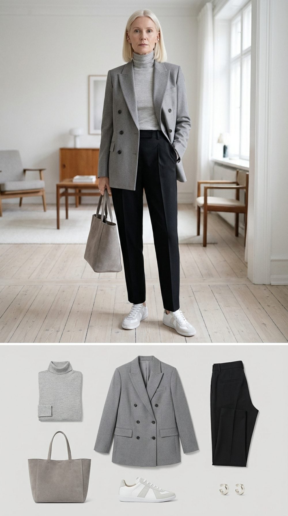Copenhagen Minimalism in Dove Grey, Tapered Black Trousers, and Minimal White Runners