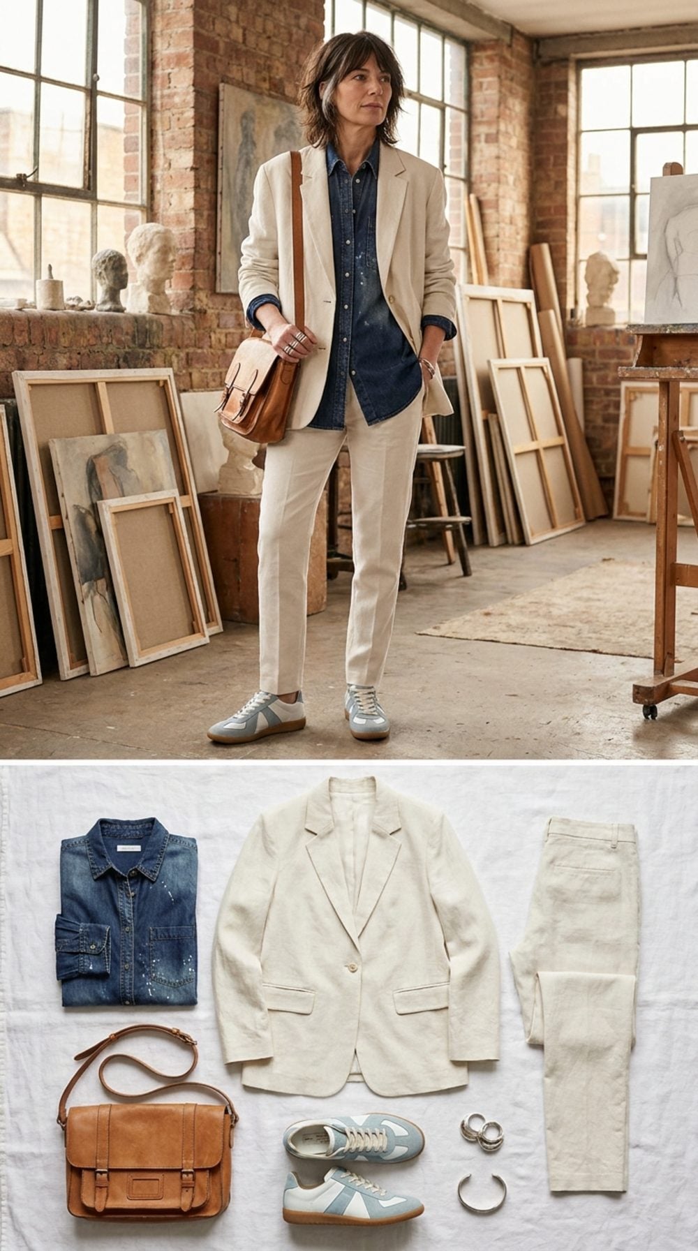 Artist's Studio Afternoon in Paint-Washed Denim, Ecru Linen Blazer, and Vintage Runners