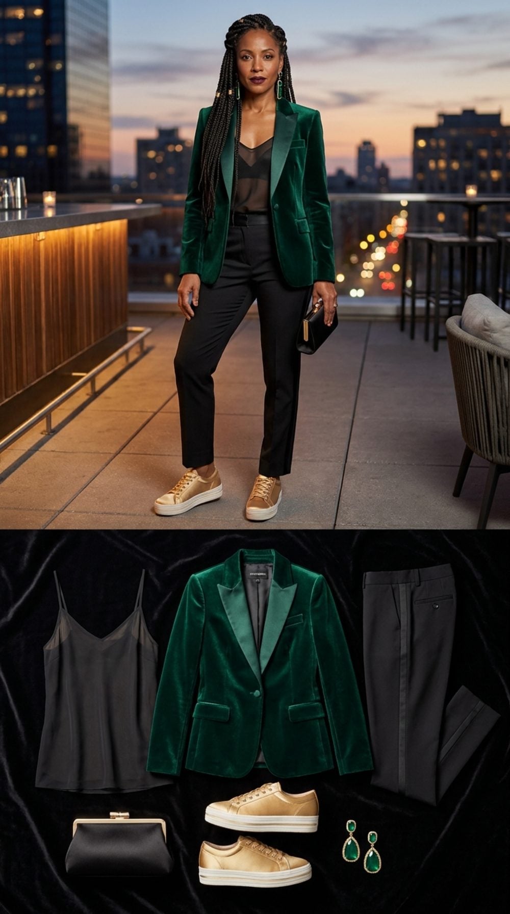 Jewel-Toned Evening Energy: Emerald Velvet Blazer, Black Slim Trousers, and Gold Satin Sneakers
