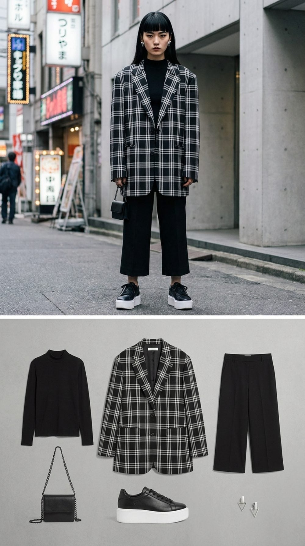 Tokyo Street Style in Oversized Plaid Blazer, Cropped Black Trousers, and Bold Platform Sneakers