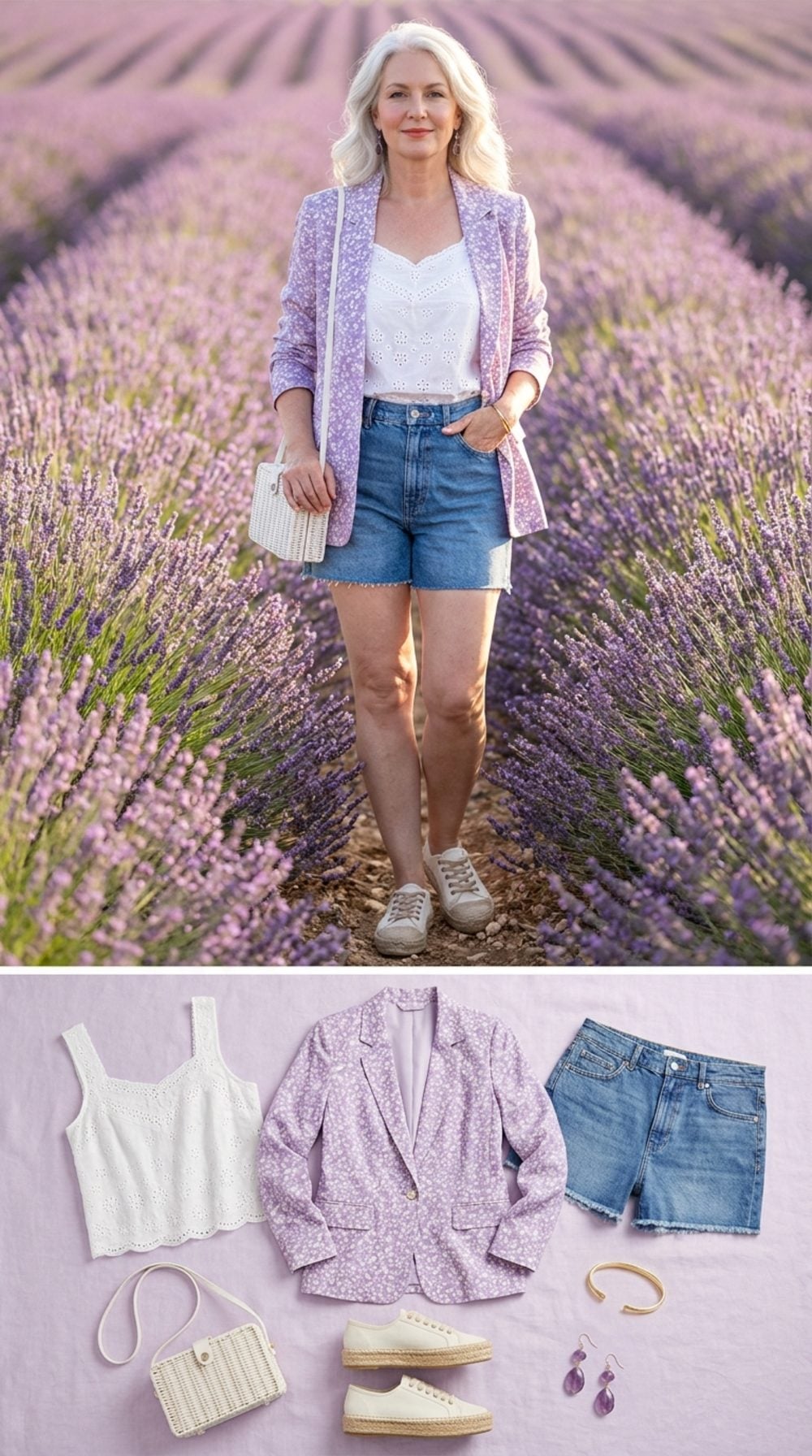 Provençal Lavender in a Floral Silk Blazer, Denim Shorts, and Espadrille Sneakers