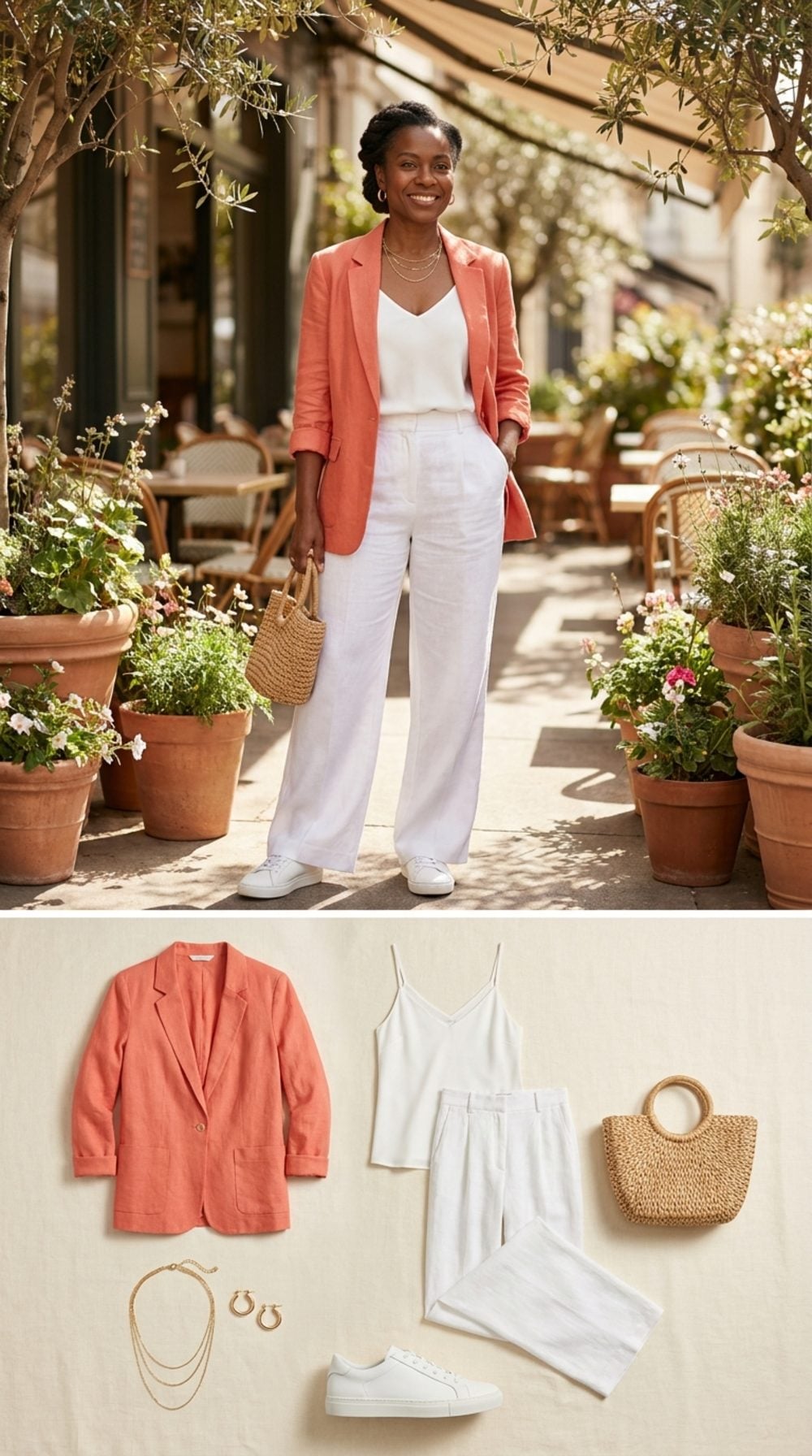 Coral Linen Blazer and Classic White Sneakers for a Sunday Brunch That Runs Long