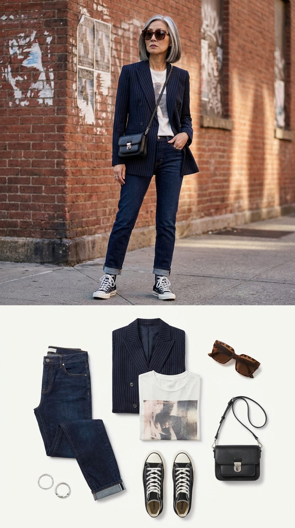 Navy Pinstripe Blazer Over a Graphic Tee With High-Top Sneakers: The Remix Nobody Saw Coming