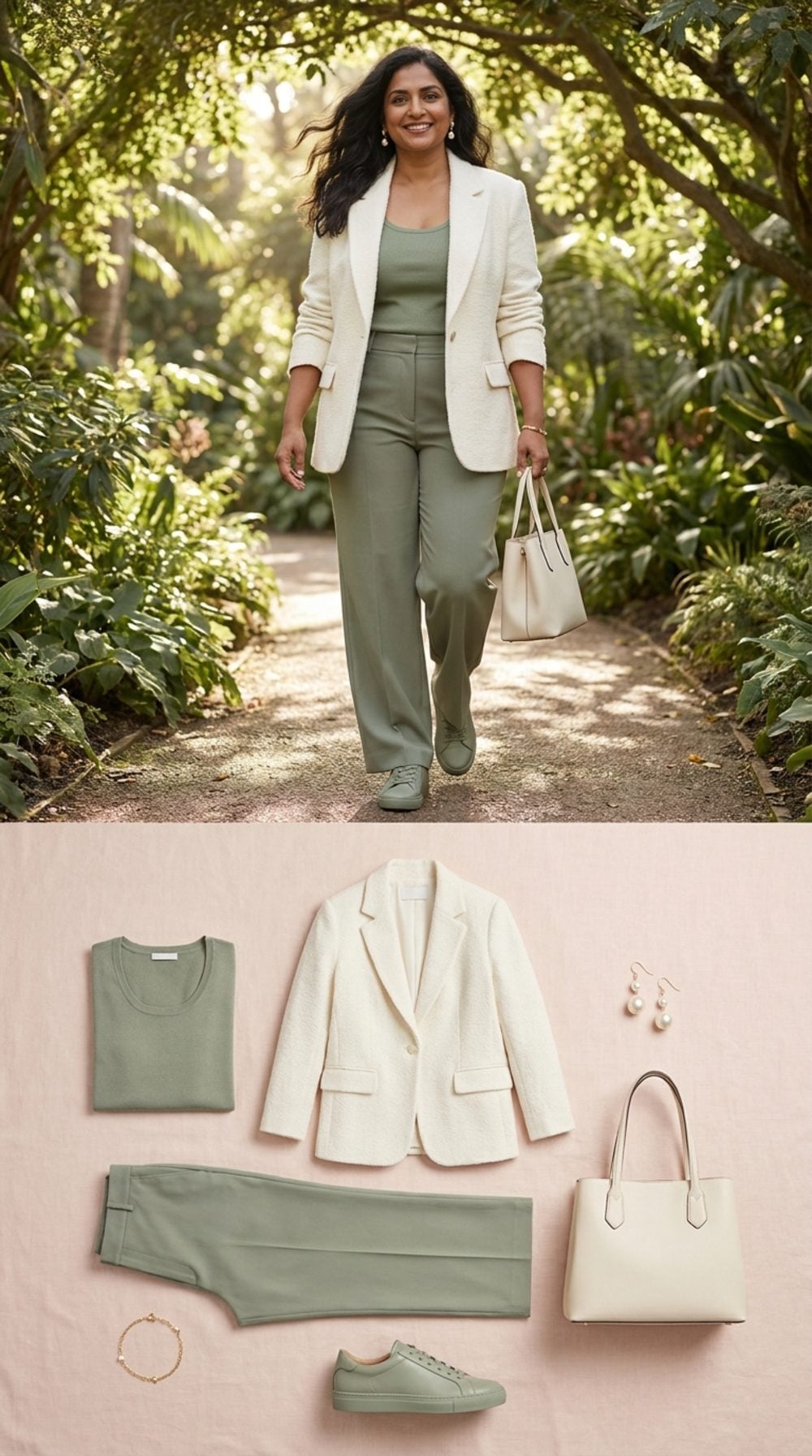 Ivory Oversized Blazer and Sage Green Sneakers: A Tonal Story in Two Quiet Chapters