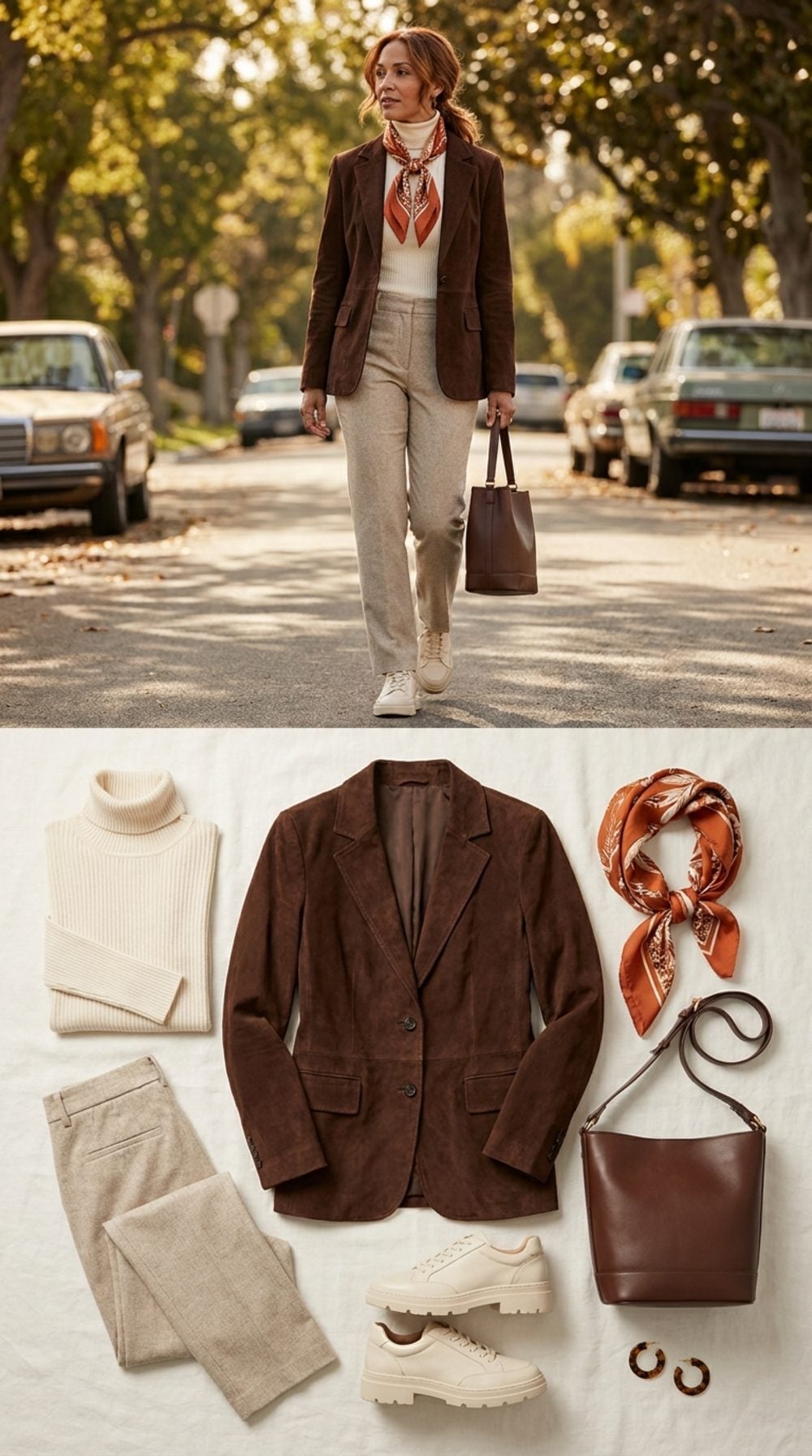 Chocolate Suede Blazer, Cream Sneakers, and a Silk Scarf Tied Just So: Autumnal in Midsummer