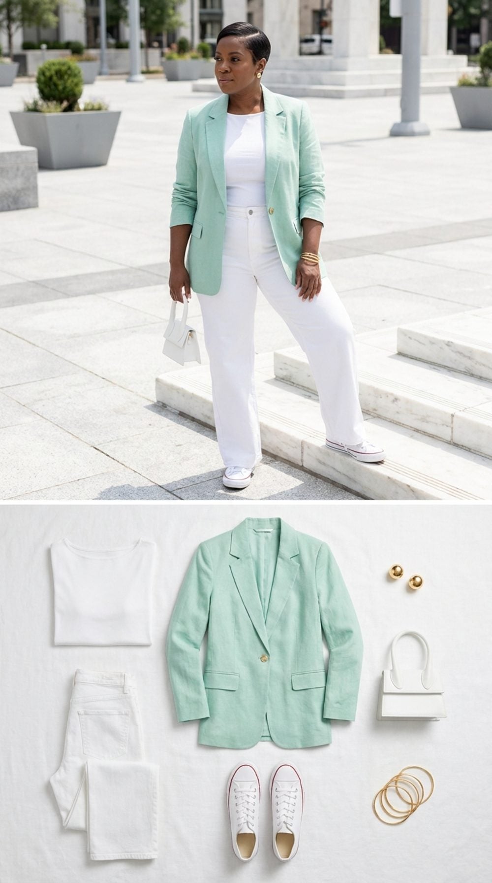 Mint Blazer and White Sneakers Over Crisp Wide-Leg Jeans: Pharmacy-Queue Cool