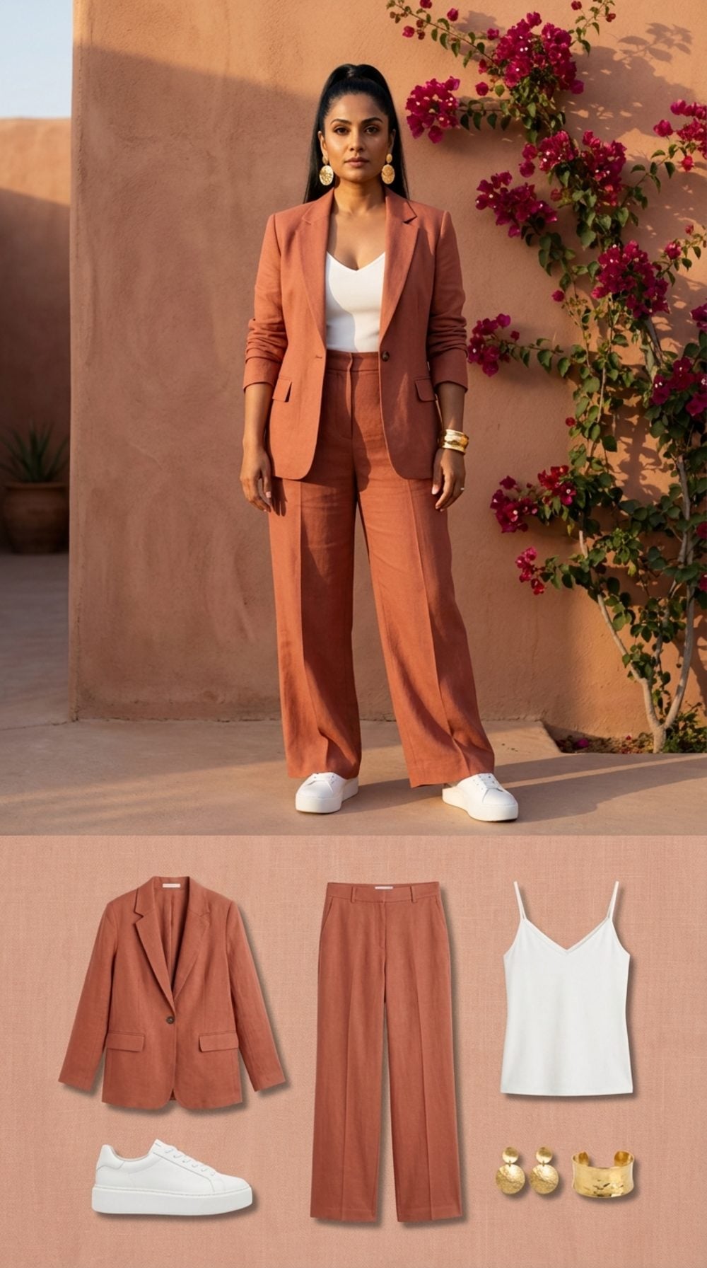 Terracotta Linen Suit, White Platform Sneakers, and Hammered Gold at Golden Hour