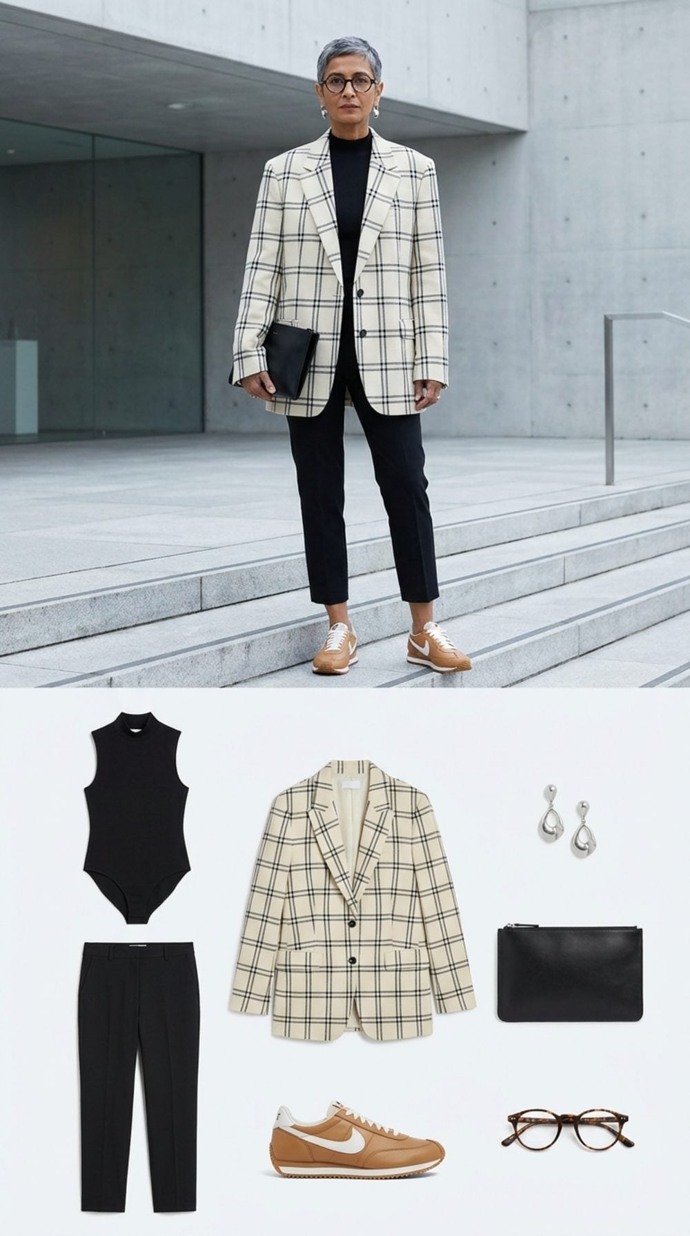 Oversized Windowpane Check Blazer With Vintage Running Sneakers: The Art Professor Look, Perfected