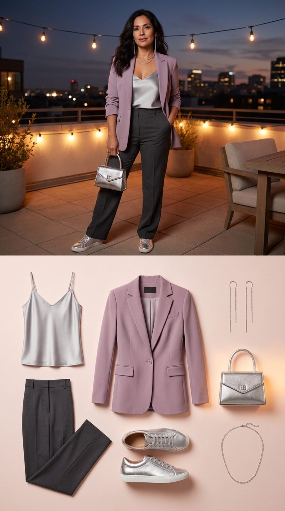 Dusty Lilac Blazer and Silver Metallic Sneakers for the Dinner You're Actually Excited About