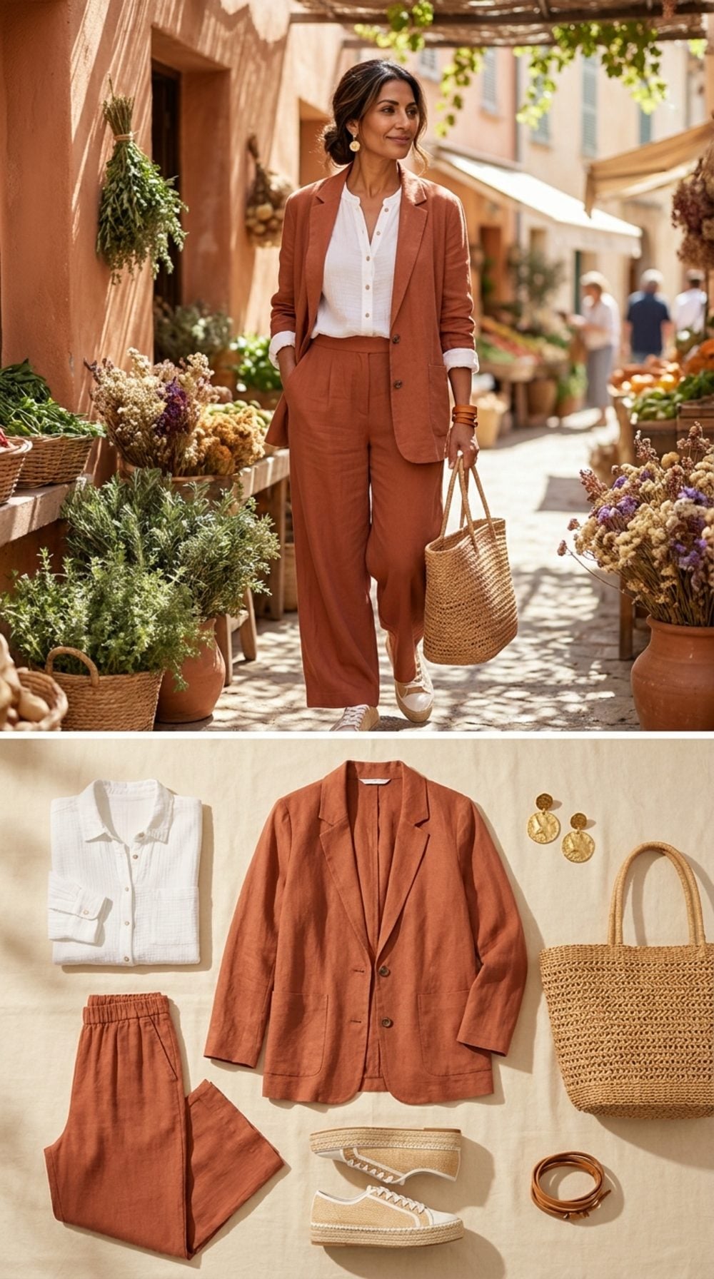 Terracotta Linen Blazer and Woven Espadrille Sneakers: Mediterranean Market Morning in Under Six Pieces