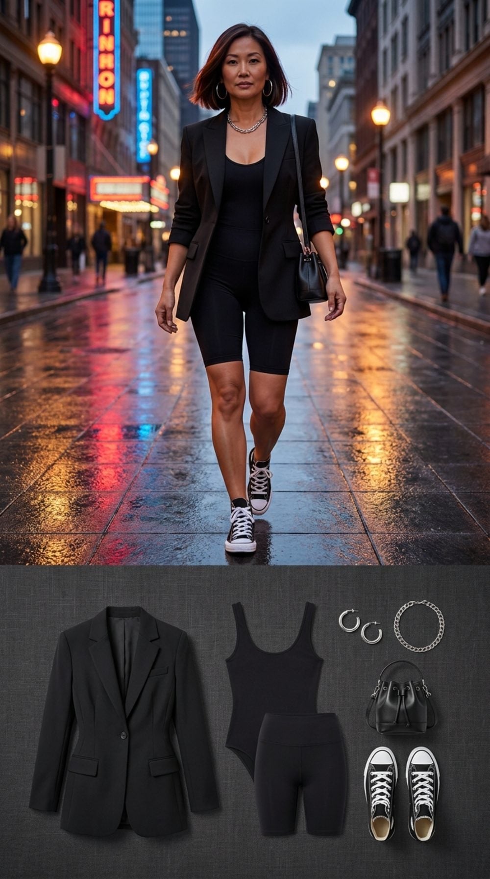 Sharp Black Blazer, Bicycle Shorts, and High-Top Canvas Sneakers After Dark