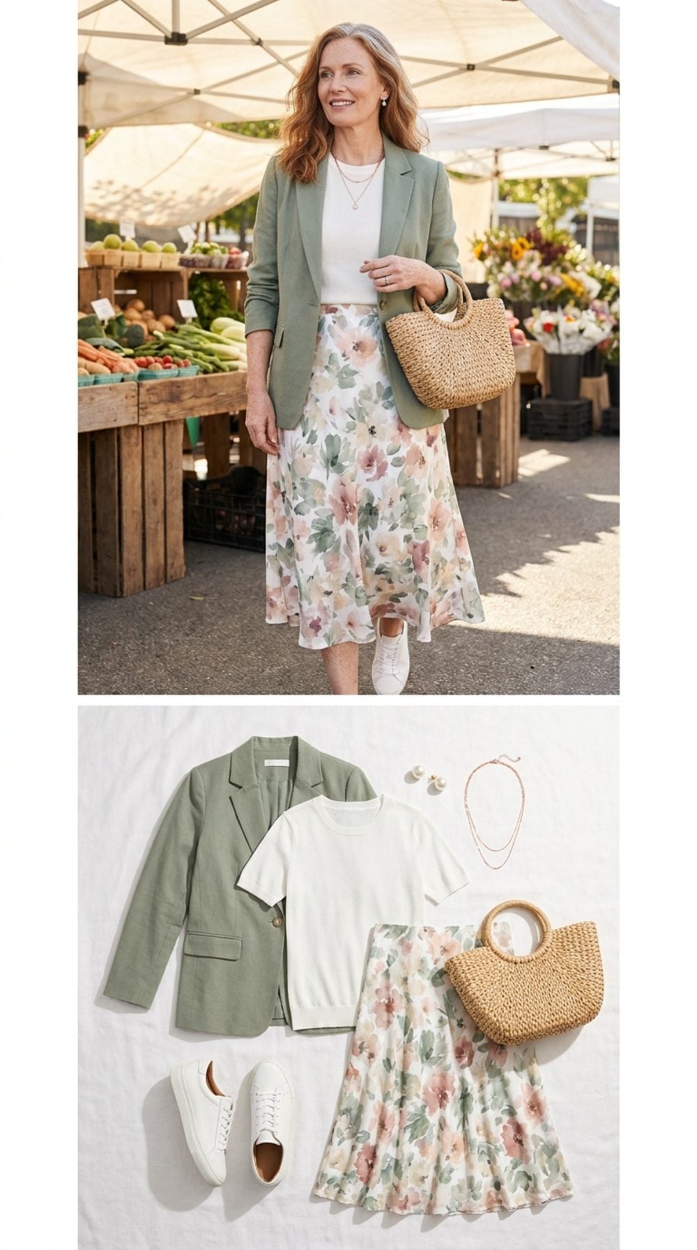 Sage Green Blazer, Floral Midi Skirt, and Clean White Leather Low-Tops at the Farmers Market
