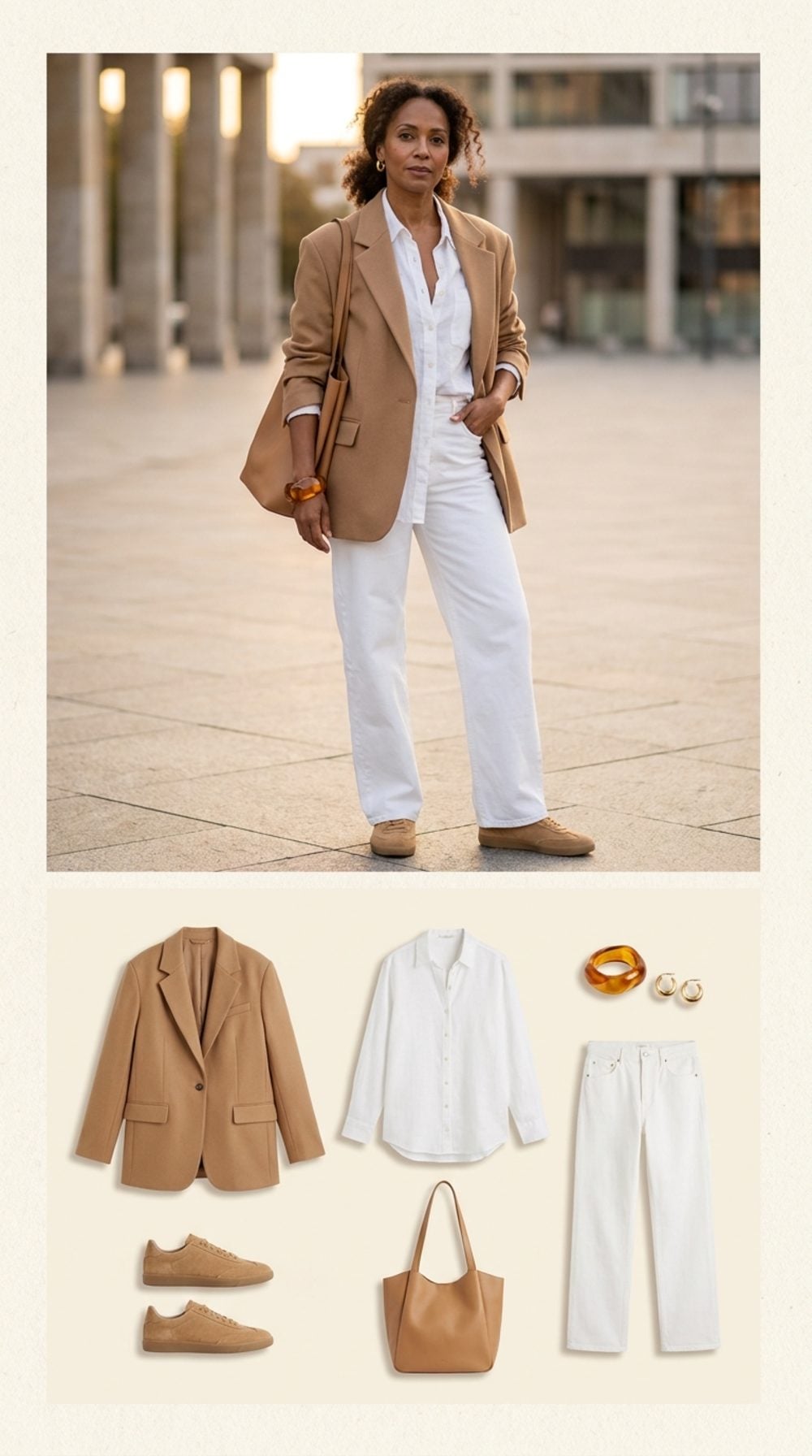 Oversized Camel Blazer, White Wide-Leg Jeans, and Tan Leather Sneakers at Dusk