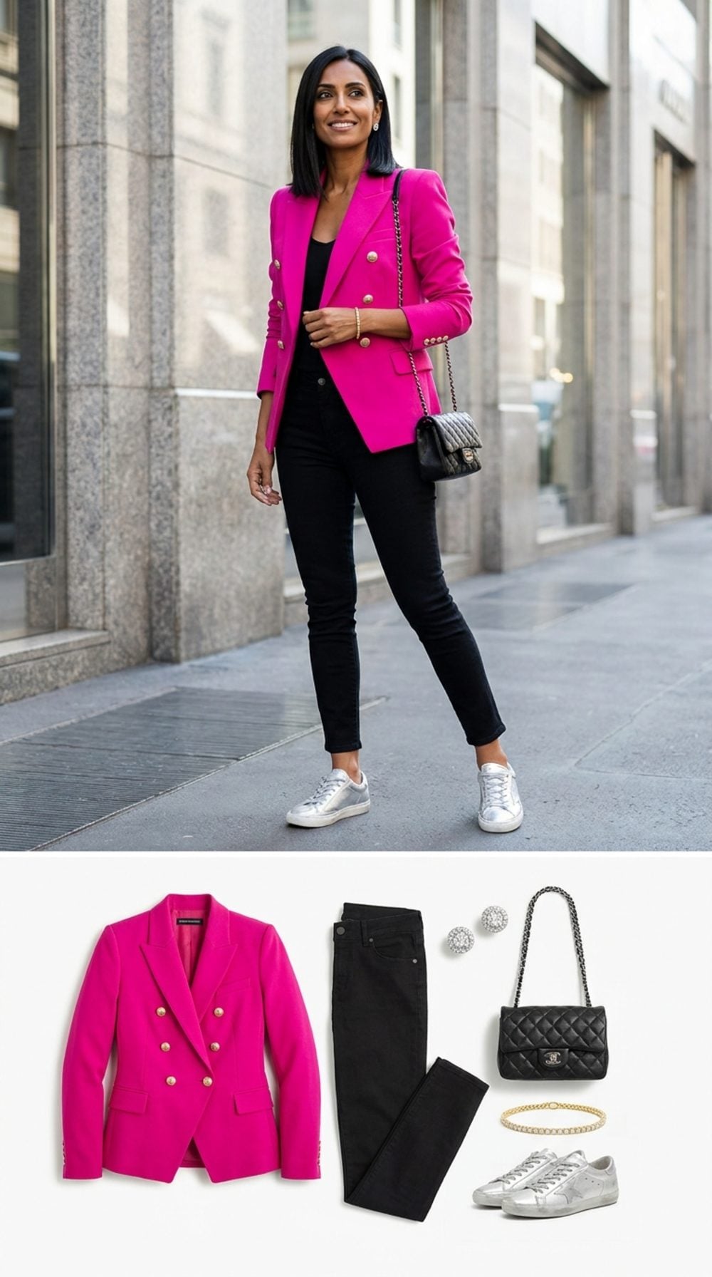 Electric Pink Power Blazer, Black Skinny Jeans, and Metallic Sneakers in the City