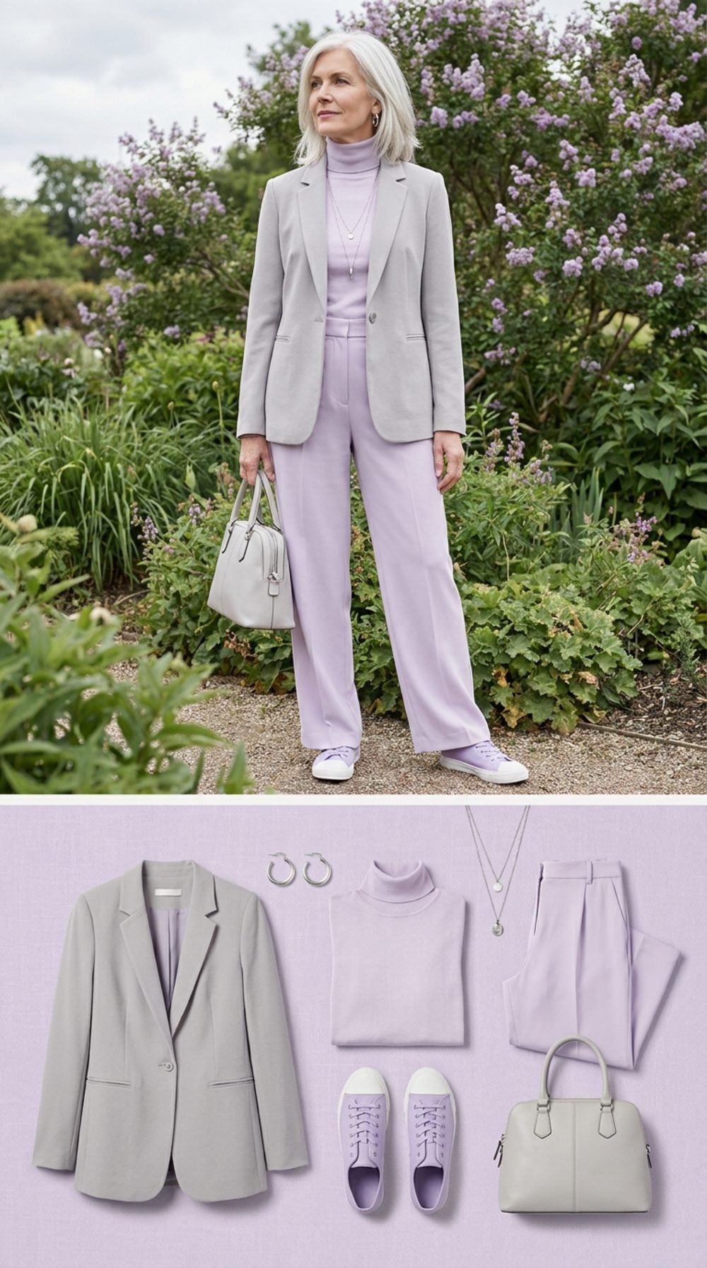 Soft Dove Grey Blazer, Lilac Trousers, and Lavender Sneakers in a Botanical Garden