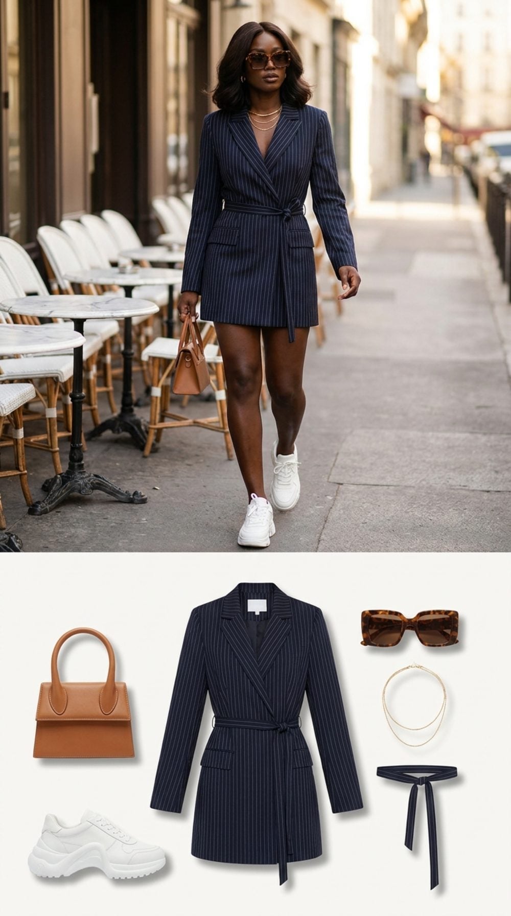 Pinstripe Blazer Dress, White Leather Chunky Sneakers, and Oversized Tortoiseshell Frames