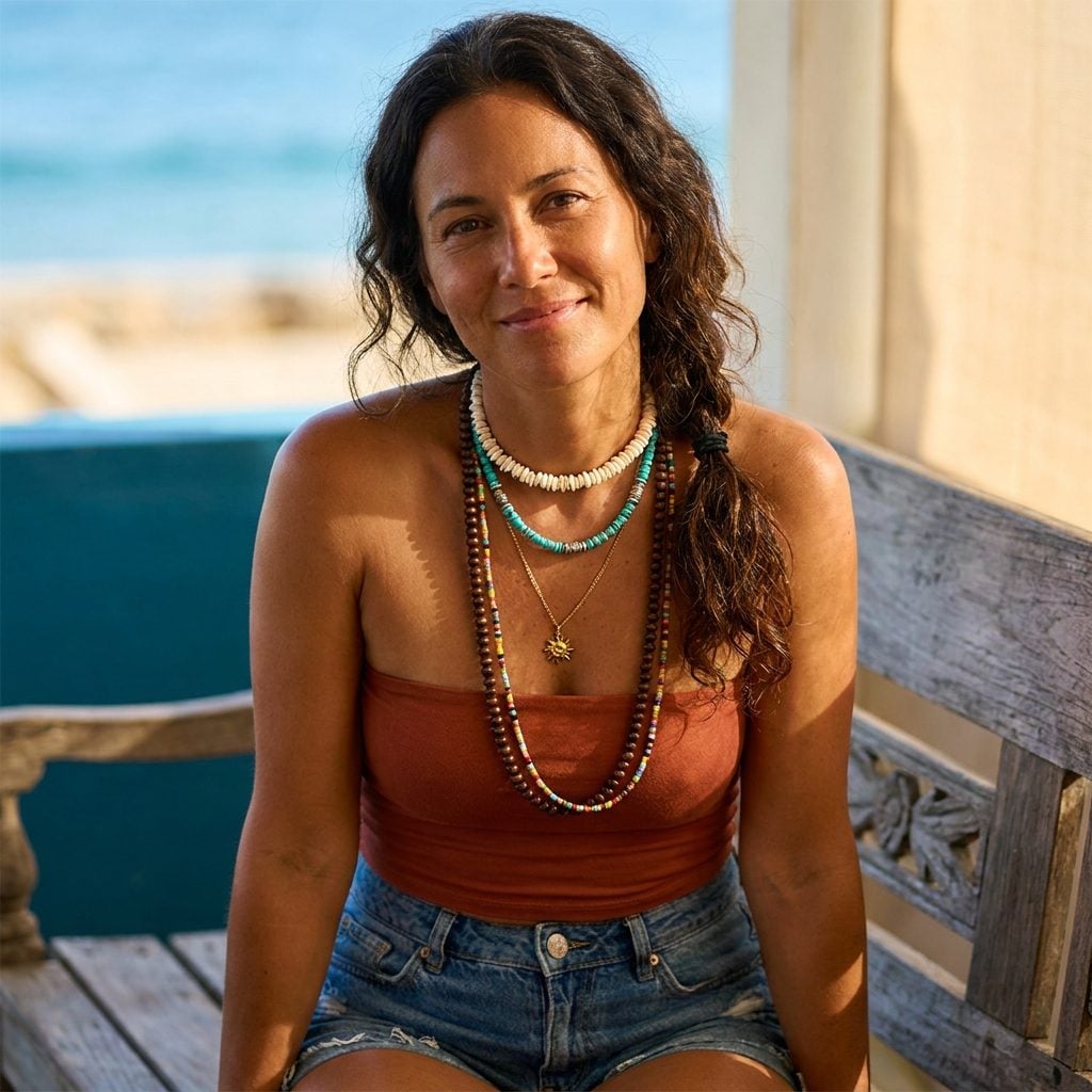 Layered Beaded Necklaces and Shell Jewelry Over Bare Skin
