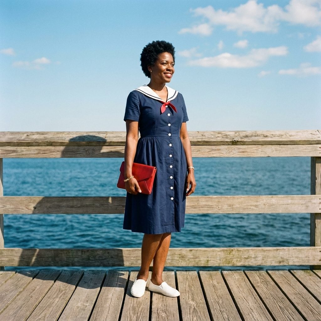 Nautical Sailor Dresses with Middy Collars, Red Ties, and Every White Button Polished to a Shine