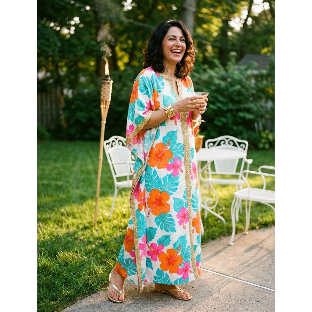The Hostess Caftan in Bold Hawaiian Florals (Because Backyard Cocktails Required a Costume Change)