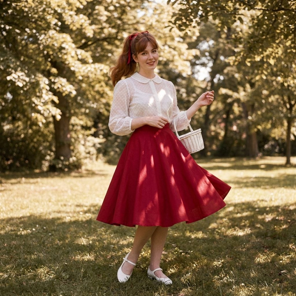 Dotted Swiss Blouses with Peter Pan Collars Tucked into Full Circle Skirts (Peak Innocent Summer Energy)