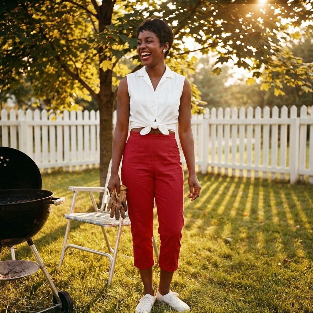 Pedal Pushers Paired With a Sleeveless Cotton Blouse Tied at the Waist