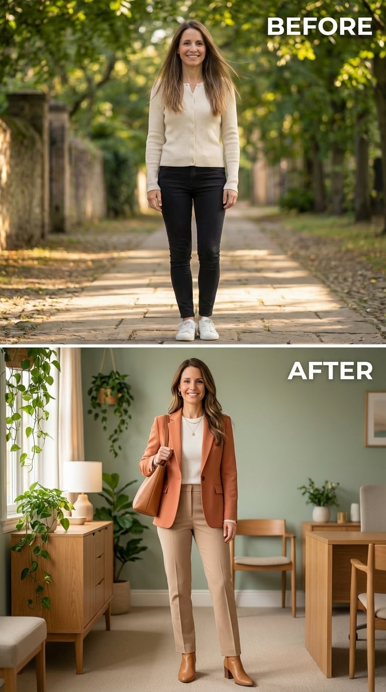 Coral Blazer, Tan Trousers, and Stepping Into the Room Like She Already Belongs There