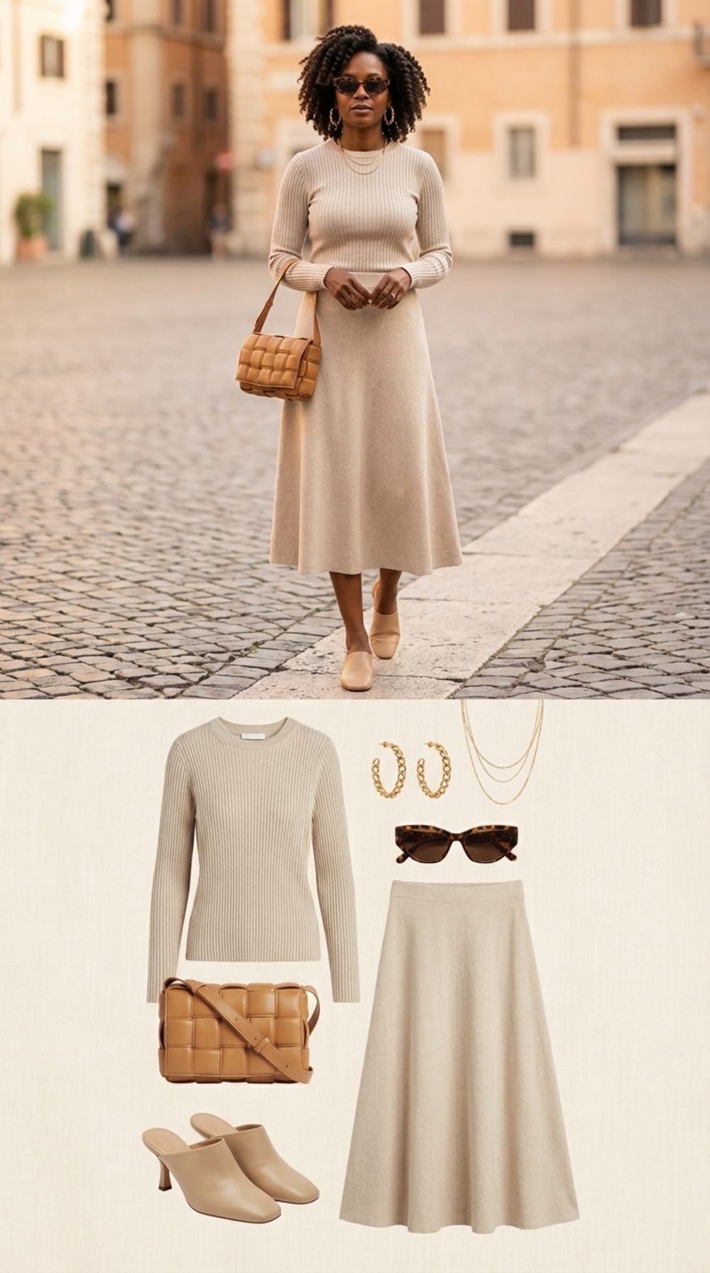 Soft Oatmeal Knit Top Into a Midi Skirt: The A-Line Balance Act