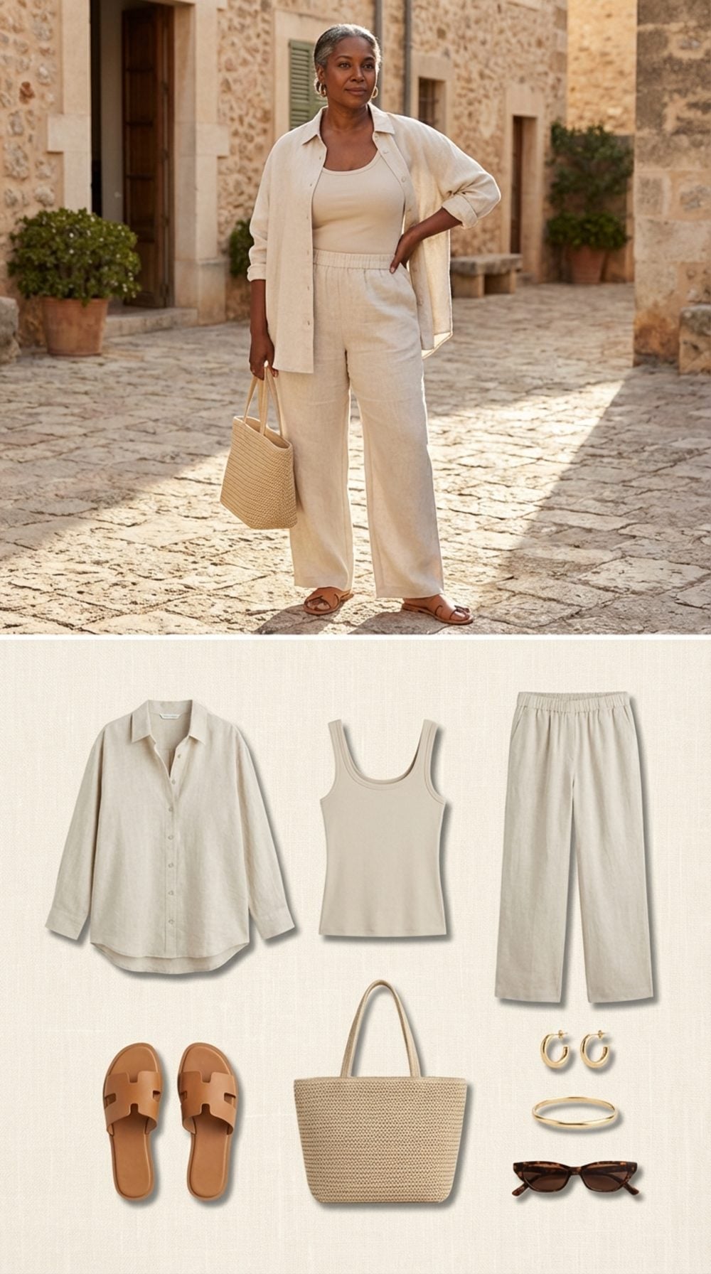Layered in Pale Stone: Linen Pants and Open Shirt Over a Fitted Tank