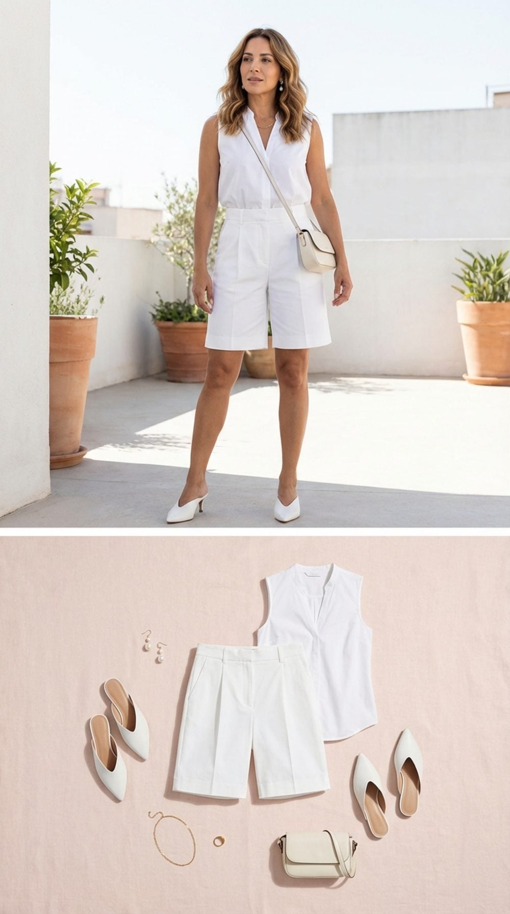 White From Hem to Shoulder: Tailored Bermudas and a Sleeveless Blouse