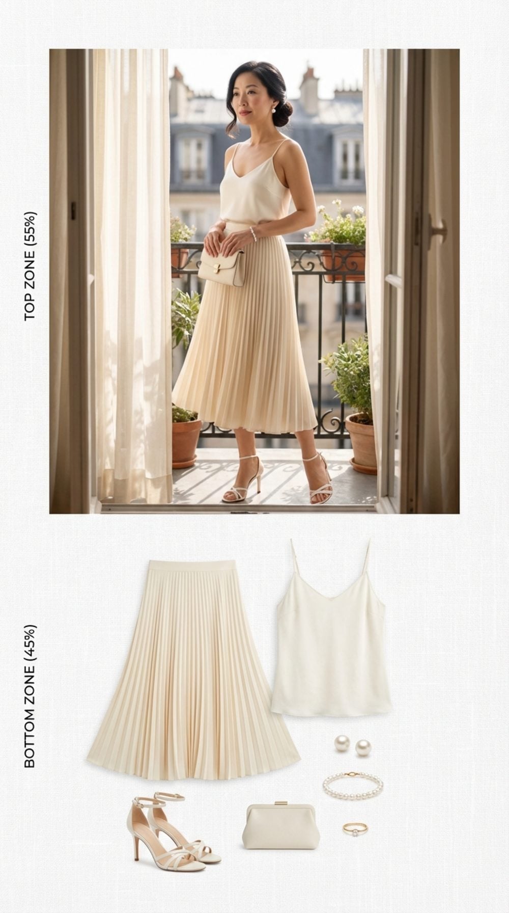 Cream Pleated Midi Skirt With a Silk Camisole: Movement Without Volume