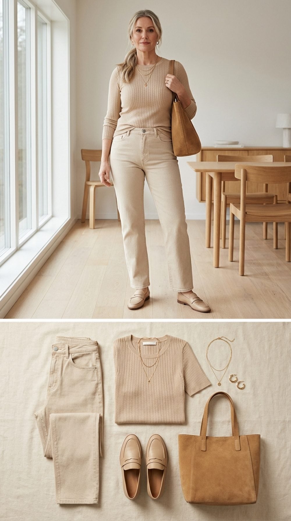 Beige-on-Beige: Straight-Leg Jeans and a Lightweight Knit That Erases the Break