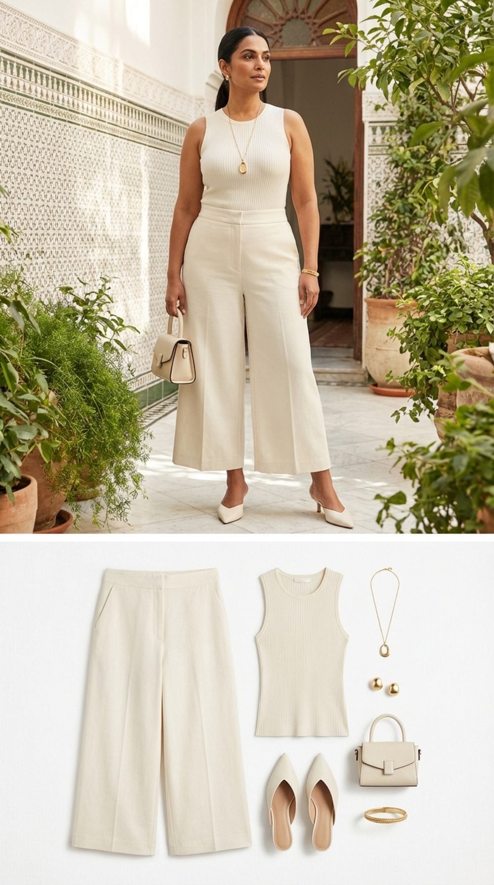 Warm Ivory Culottes and a Fitted Sleeveless Top: Proportion That Does the Work