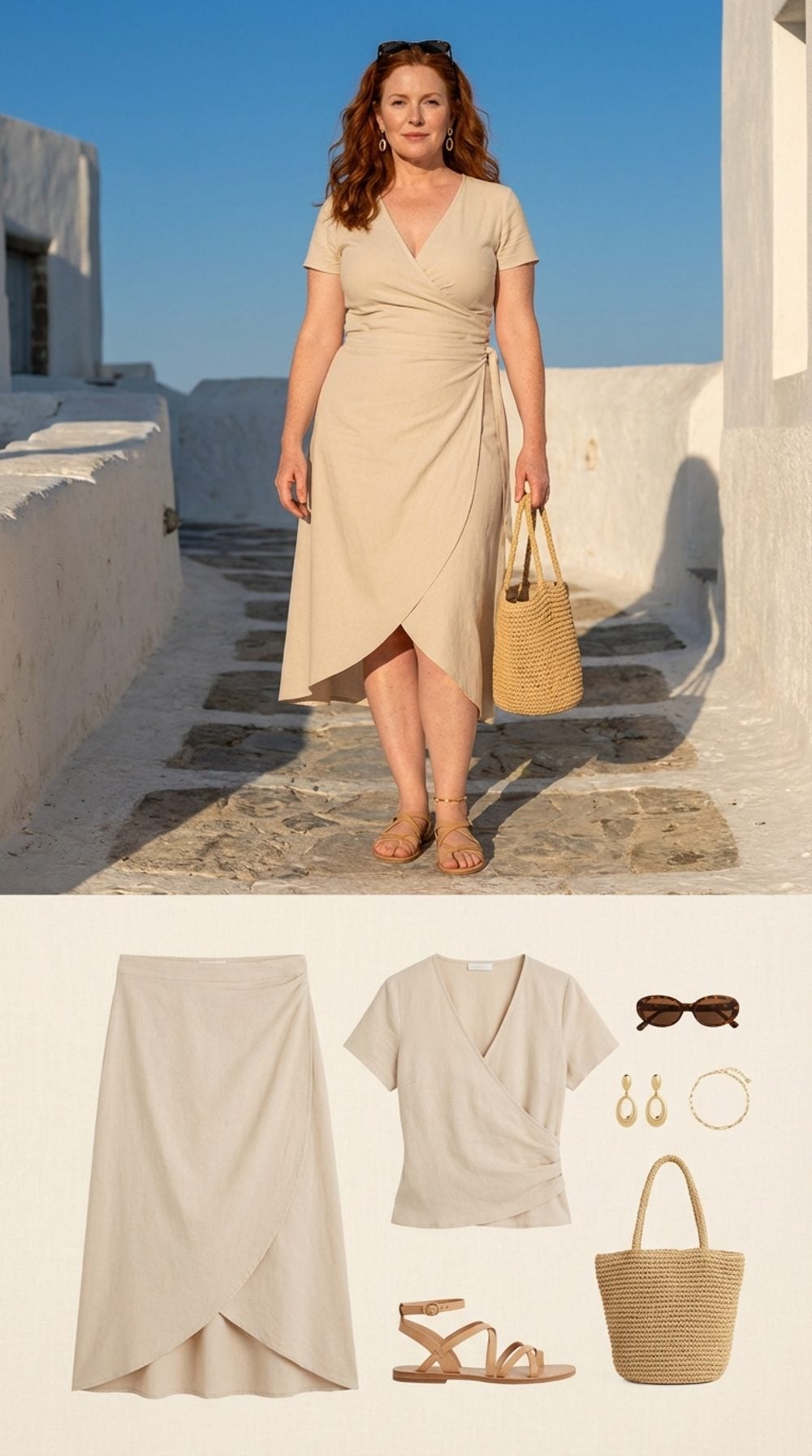 Pale Neutral Wrap Skirt and Matching Top: Diagonal Lines That Shape the Midsection